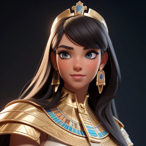 ((Masterpiece, best quality, photography, detailed skin, realistic, photo-realistic, 3D Character Design, pixar, 8k, highly detailed, full length frame, High detail RAW color art, diffused soft lighting, shallow depth of field, sharp focus, hyperrealism, cinematic lighting, close up)); Princess Mery (10) is introduced, dressed in elegant ancient Egyptian white dress. The dress should be ultra-detailed and intricately designed, ancient egyptian crown and earrings, ancient egyptian collar and accessories, with a dynamic pose and expression looking to the camera that exudes grace and elegance. Focus on capturing the gorgeous long black wavy hair, brunette brownish skin and stunning facial features, beautiful smile and the subtle play of light and shadow that accentuates the dress's voluminous silhouette.