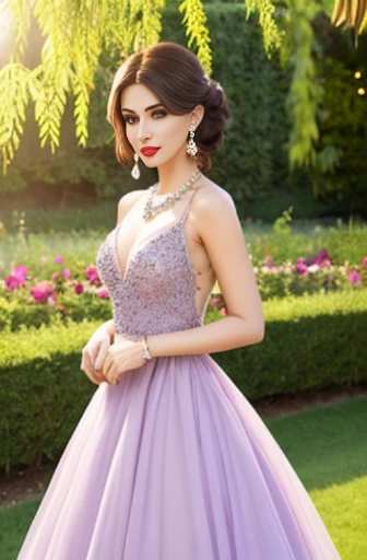 Lebanese woman, diamond dangling earrings, necklace, bracelets, small breasts, 40 years old, smokey eyes, cleavages, red lips, innocent face, light purple fashion ball gown, stylish hairstyle, posing, modeling, garden background, sunshine, sunset
