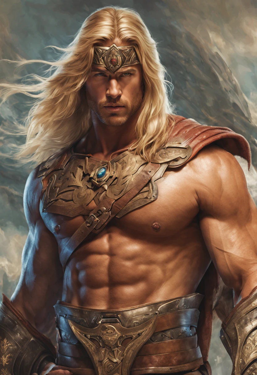 A man  cross fitter body (Chris hemsworth as he-man matesr of the universe) with a powerful presence ,((blond hair)), his body adorned with a unique blend of abstract and realistic designs, digital art, by artgerm, hyperdetailed, hi top fade, dark fantasy, central pose, facing camera, perfect body, perfect hands, perfect eyes, cowboy stand position, magic sword, battle eyes, pointing sword to the sky, full body shot