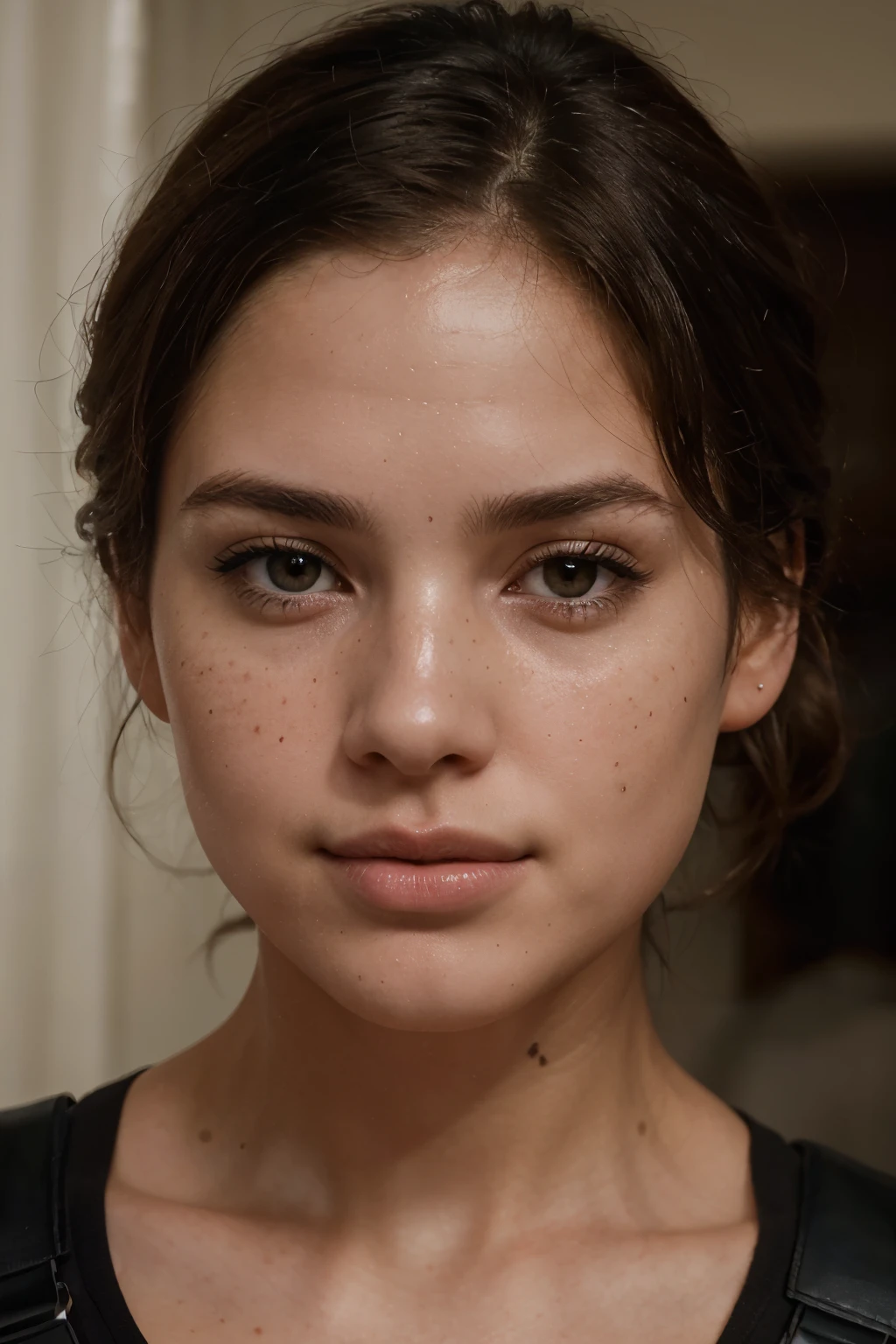 Breathtaking cinematic photo of a 30-year-old woman with short, curly brown hair and brown eyes, displaying a joyful expression. Her mouth is closed, revealing beautiful, slightly rosy lips. This detailed image has a shallow depth of field, capturing the complexity and beauty of a high-budget Hollywood film. Her skin texture is finely rendered, with subtle nuances of blushing (blush: 0.5) and goosebumps (goosebumps: 0.5), along with delicately scattered freckles across her cheeks and nose. She has a slim face with fine, harmonious features, radiant white skin, and a slender body. Her predator-like intense eyes and pink lips add to her captivating charm. Her silhouette is highlighted in a tactical uniform, evoking a secret agent disguise. The image, of ultra-high quality and resolution, achieves a photorealistic level of 1.4, capturing every complex detail of her face and body, enhanced by subtle makeup (intensity: 1.5). The frontal view fully showcases her Western beauty, fine nose, and perfect poise