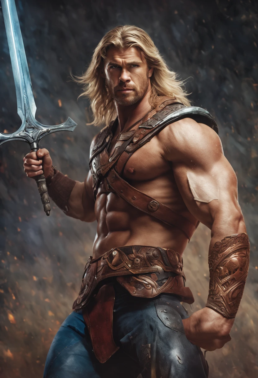 A man cross fitter body (Chris hemsworth as he-man matesr of the universe) with a powerful presence ,((blond hair)), his body adorned with a unique blend of abstract and realistic designs, digital art, by artgerm, hyperdetailed, hi top fade, dark fantasy, central pose, facing camera, perfect body, perfect hands, perfect eyes, cowboy stand position, magic sword, battle eyes, pointing sword to the sky, full body shot
