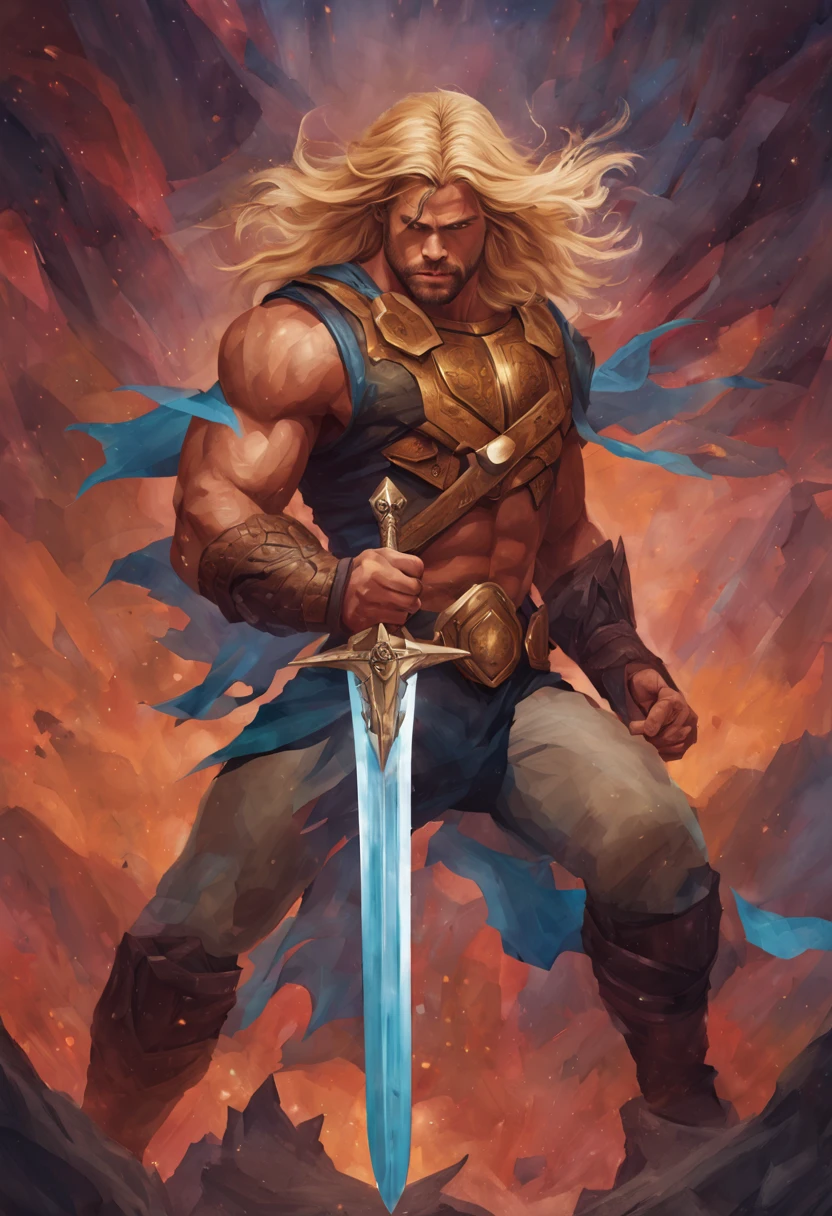 A man  cross fitter body (Chris hemsworth as he-man matesr of the universe) with a powerful presence ,((blond hair)), his body adorned with a unique blend of abstract and realistic designs, digital art, by artgerm, hyperdetailed, hi top fade, dark fantasy, central pose, facing camera, perfect body, perfect hands, perfect eyes, cowboy stand position, magic sword, battle eyes, pointing sword to the sky, full body shot