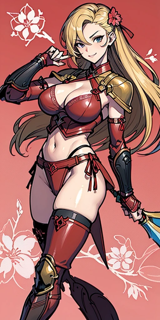 (masterpiece), best quality, expressive eyes, perfect face, ((crimson armor)), blonde hair, closed smile, athletic body, slim figure, lace bikini, pelvic curtain, exposed midriff, large breasts, cleavage, ((fishnets)), watercolor, sakura blossom background, dynamic pose