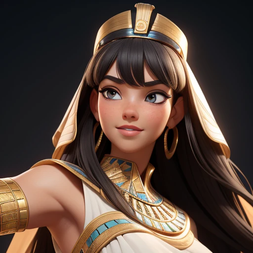 ((Masterpiece, best quality, photography, detailed skin, realistic, photo-realistic, 3D Character Design, pixar, 8k, highly detailed, full length frame, High detail RAW color art, diffused soft lighting, shallow depth of field, sharp focus, hyperrealism, cinematic lighting, close up)); Princess Mery (10) is introduced, dressed in elegant ancient Egyptian white dress. The dress should be ultra-detailed and intricately designed, ancient egyptian crown and earrings, ancient egyptian collar and accessories, with a dynamic pose and expression looking straight to the camera that exudes grace and elegance. Focus on capturing the gorgeous long black wavy hair, brunette brownish skin and stunning facial features,capture her beautiful smile and the subtle play of light and shadow that accentuates the dress's voluminous silhouette.