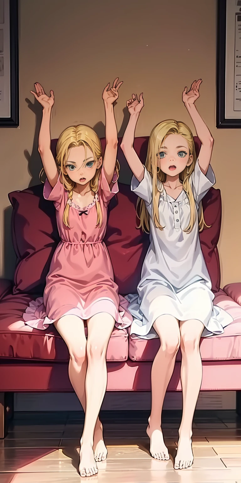 2girls (twins), sitting on red bed , arms raised in the air , front view, cute, android 18, blonde hair, shor hair, wearing pink nightgown