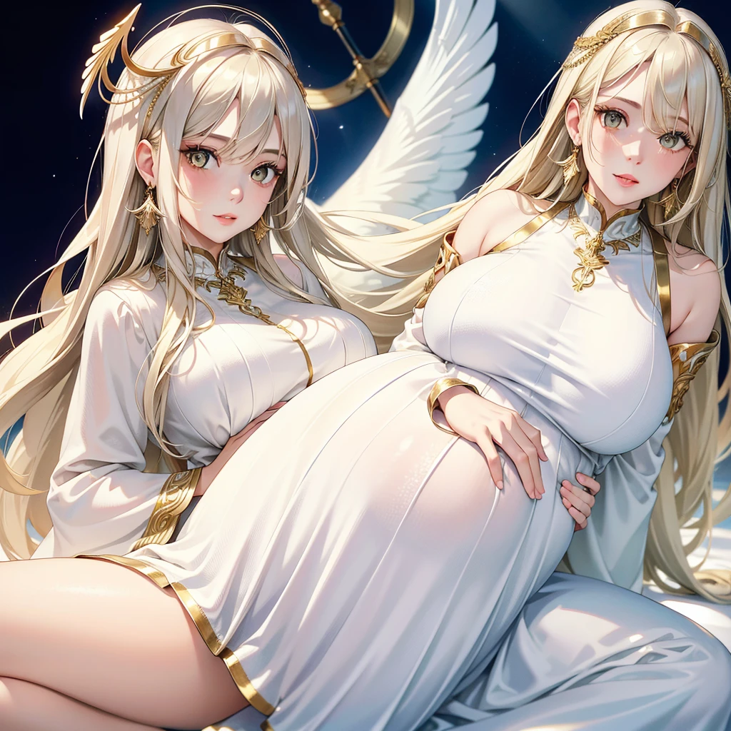 1 girl,long black hair,big breasts,angel,angel wings,halo,white tunic,languid,air is heavy,sitting,Right knee up,Right elbow on right knee,holds a cigarette in his right hand,exhaling cigarette smoke from his mouth,heaven,floor is made of fluffy clouds