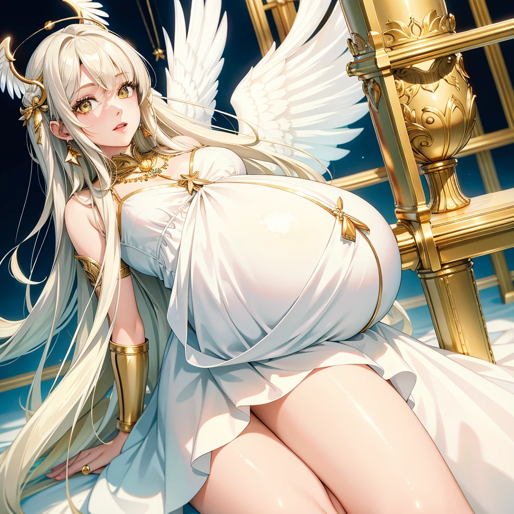 An angel standing in a field, unhappy, with pale skin, long blonde hair and small breasts, with large feathered black wings, wearing an open white satin robe, her feet are bare, her chest is bare, her small curvy breasts are visible, her cunt is visible, she is pregnant, in full view in high quality