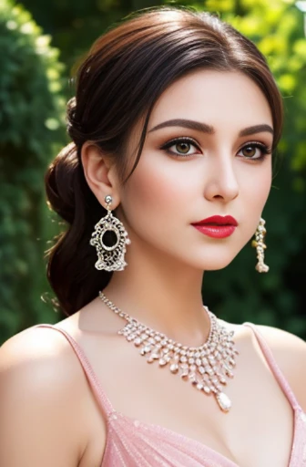 Lebanese woman, diamond dangling earrings, necklace, bracelets, small breasts, 40 years old, smokey eyes, cleavages, red lips, innocent face, pink fashion ball gown, stylish hairstyle, posing, modeling,