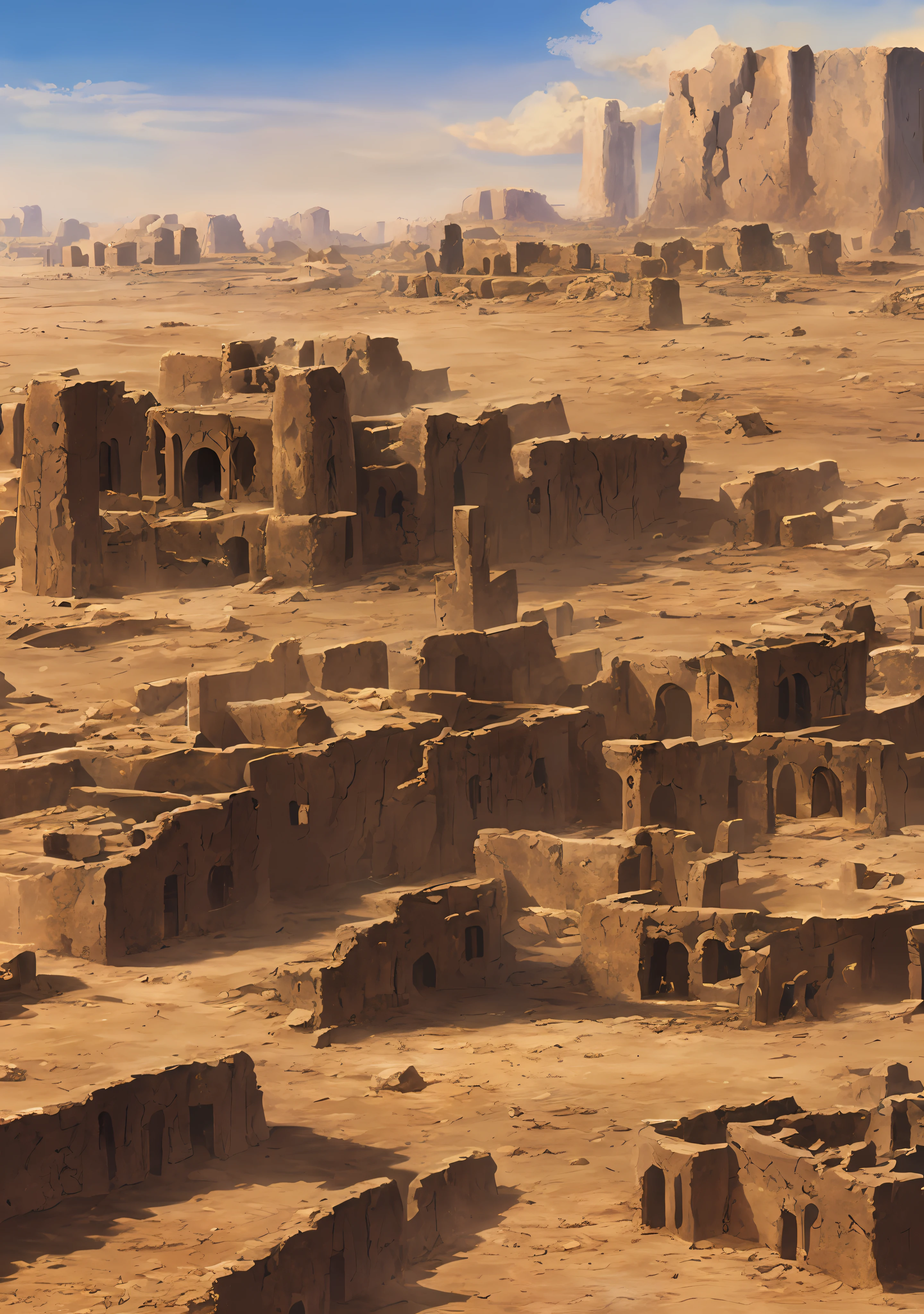 Um grandioso, ancient city in ruins in the desert seen from the top of a mountain, realista, ((ultra detalhado)), modelo base render civitiae (Realidade absoluta) 8k, RTX, --upscale --auto --s2