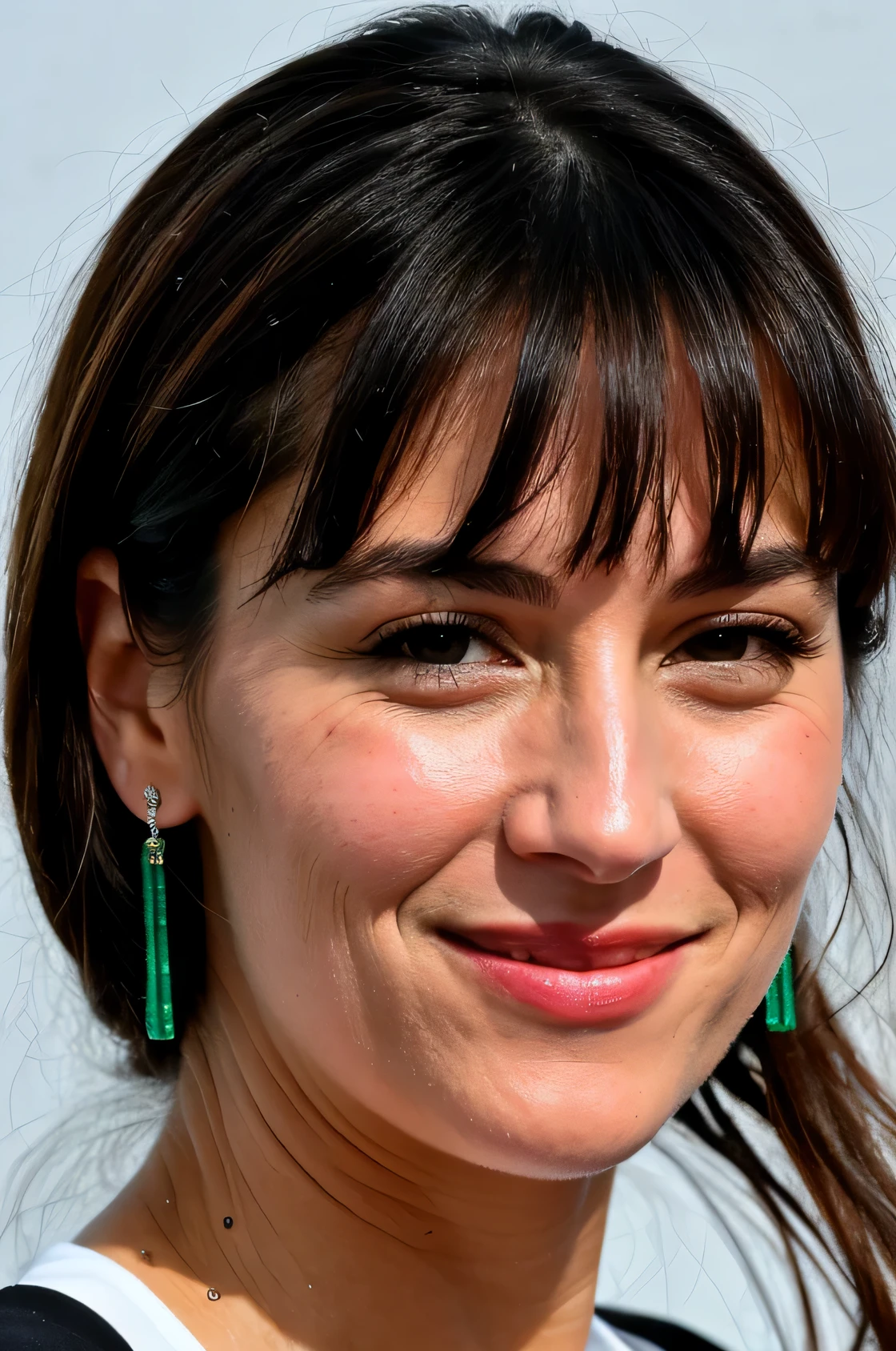 a ultra realistic photo of face of a random very ugly 43-year-old Argentine woman, white skin, long, straight black hair with bangs, open smiles, thick lips, some wrinkles on the lower eyelid region, the forehead, on the side of the mouth and in the neck region, colored eyes emerald green, wide and long chin, large and pointed nose Italian style, cinematic, 100k, slr camera, realistic face highly detailed in every single way