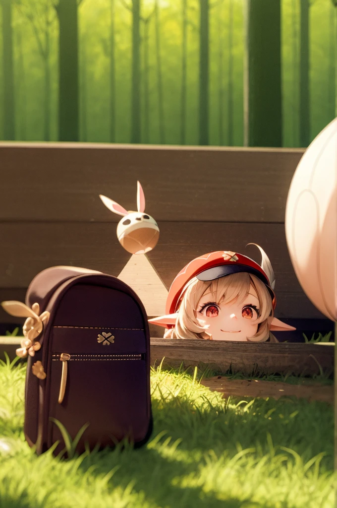 Masterpiece, Best Quality, 1girl, Smile, Red Hat, Pointed Ears, Backpack, Ahoge, naked, Knee Boots, Dodoko\(Genshin Impact\), Jumpy Dumpty, Charm\(Object\), Forest Background, One Pagged, nude, li, flat chest