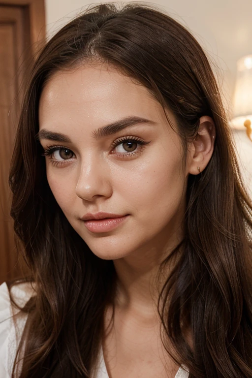 She has a heart-shaped face shape, which means her forehead is narrower than her chin, and she has a small dimple in the center of her forehead.
She has light brown almond-shaped eyes, with long black eyelashes and thick, arched eyebrows.
She has a slightly upturned nose, with thin nostrils and a rounded tip.
She has full, pink lips, with the upper lip thinner than the lower one.
She has light brown hair, long and wavy, which frames her face and falls to her shoulders.
She has clear, smooth skin, with few imperfections and an even color
realistic high definition details