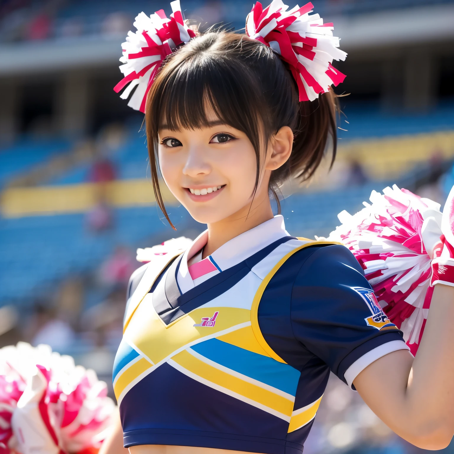 Best-quality, Masterpiece, Ultra-High-Resolution, (Photorealistic:1.4), Raw-Photo, 1girl, the most popular Japanese idol, wearing only colorful-cheerleading-uniform, cheerleading at stadium, dynamic-pose, best-smile, extremely cute face like a most famous Japanese idol, extremely beautiful big-black-eyes, extremely beautiful black-short-cut-haired, looking at viewer, detailed colorful-cheerleading-uniform