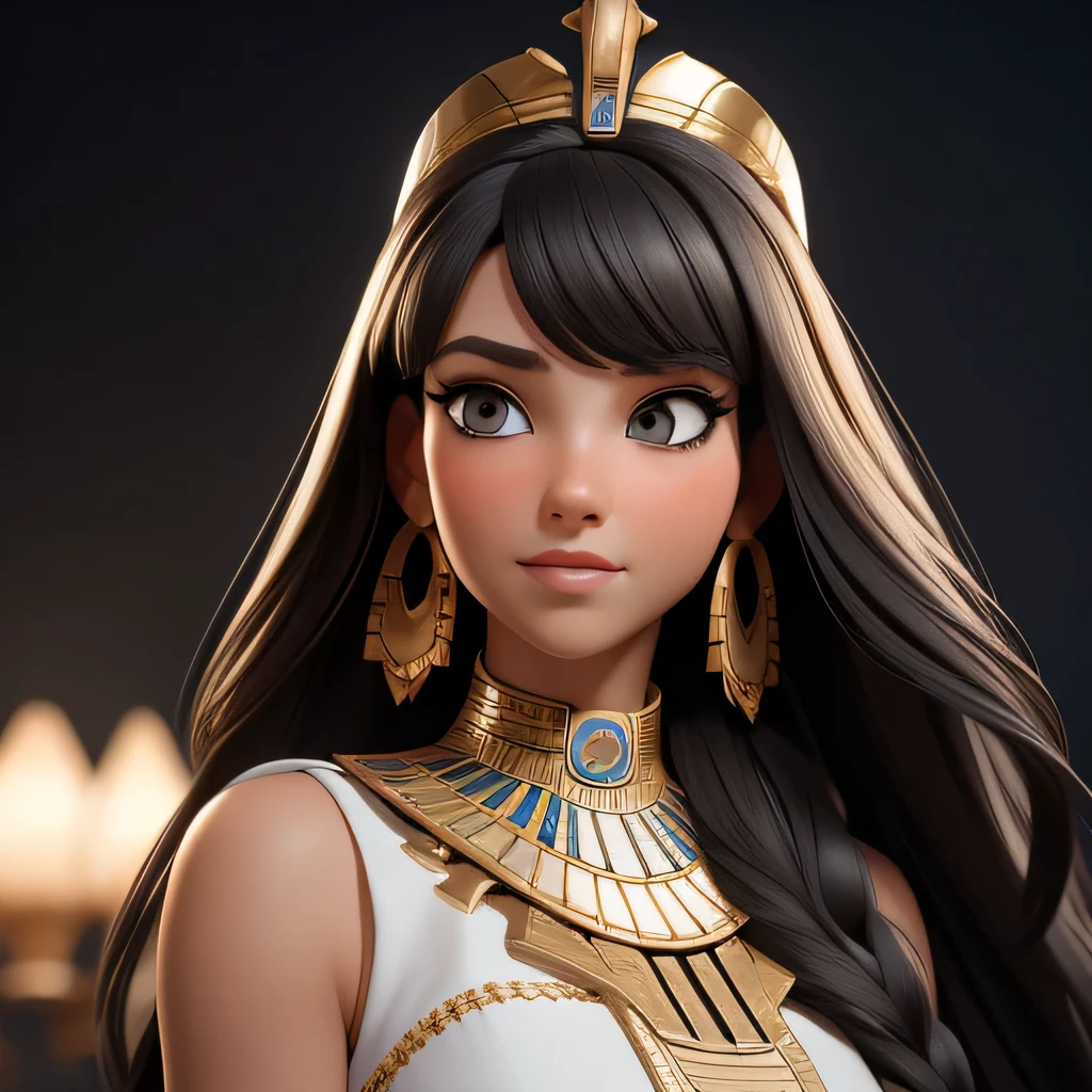 ((Masterpiece, best quality, photography, detailed skin, realistic, photo-realistic, 3D Character Design, pixar, 8k, highly detailed, full length frame, High detail RAW color art, diffused soft lighting, shallow depth of field, sharp focus, hyperrealism, cinematic lighting, close up)); Princess Mery (10) is introduced, dressed in elegant ancient Egyptian white dress. The dress should be ultra-detailed and intricately designed, ancient egyptian crown and earrings, ancient egyptian collar and accessories, with a dynamic pose and expression looking to the camera that exudes grace and elegance. Focus on capturing the gorgeous long black wavy hair, brunette brownish skin and stunning facial features, beautiful smile and the subtle play of light and shadow that accentuates the dress's voluminous silhouette.
