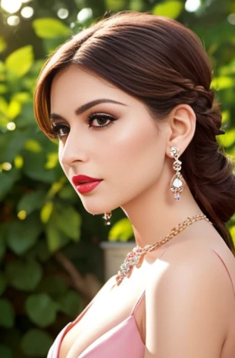 Lebanese woman, diamond dangling earrings, necklace, bracelets, small breasts, 40 years old, smokey eyes, cleavages, red lips, innocent face, light purple fashion ball gown, stylish hairstyle, posing, modeling, garden background, sunshine