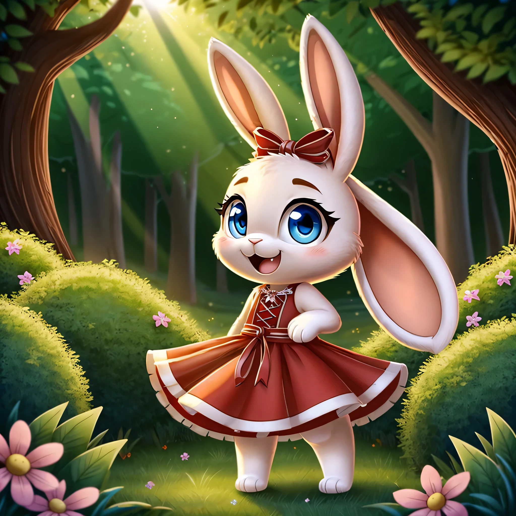 zoomed out image, cute style art, fantasy style art, cute, adorable, short character, small, tiny little fluffy female white bunny with blue eyes, 4 ears, 2 extra ears, big floppy ears, long ears, ears perked up, raised ears, long eyelashes, poofy rabbit tail, wearing a red frilly ribbon dress, smiling, standing in a colorful fantasy forest, soft tones, big expressive smile, open mouth, wide eyes, excited eyes, excited face, stunning visuals, sunlight coming through the trees, flowers scattered in the bushes, butterflies in the air, digital illustration