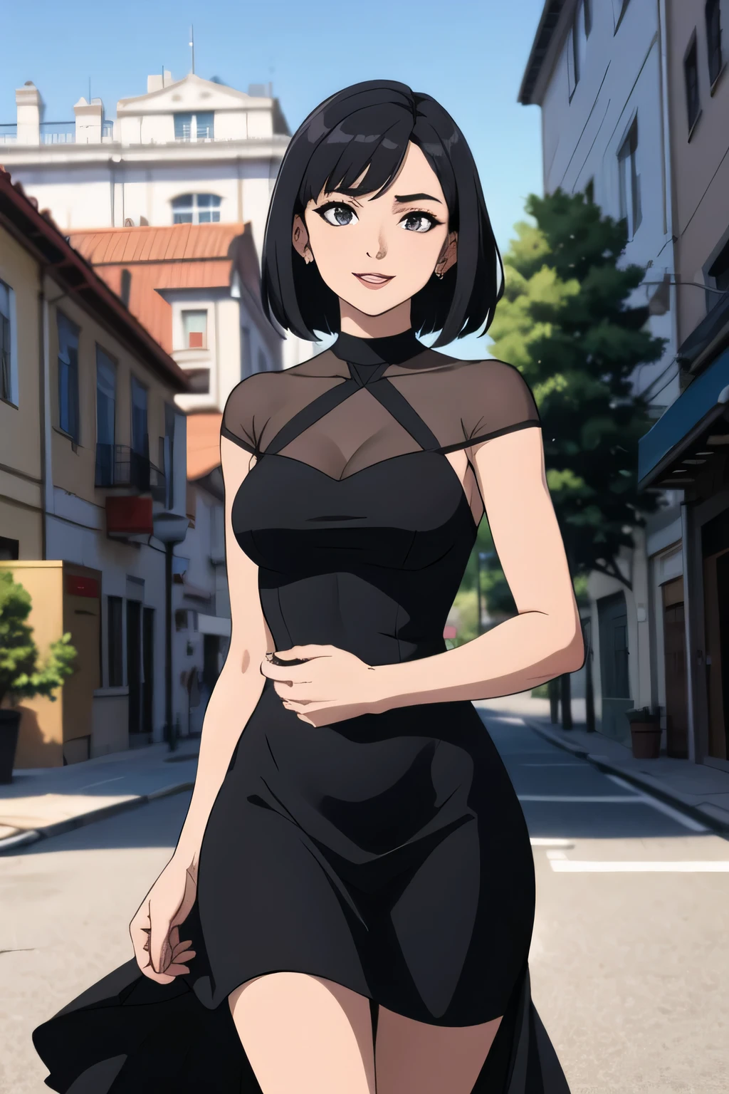 1 garota, Adolescence, Cabelo preto, short Cabelo preto, cabelo medio, cabelo bob, olhos pretos, Vestido flamenco, flamenco dancer, sorriso, ruas da cidade, sexy, obra de arte, alta qualidade.