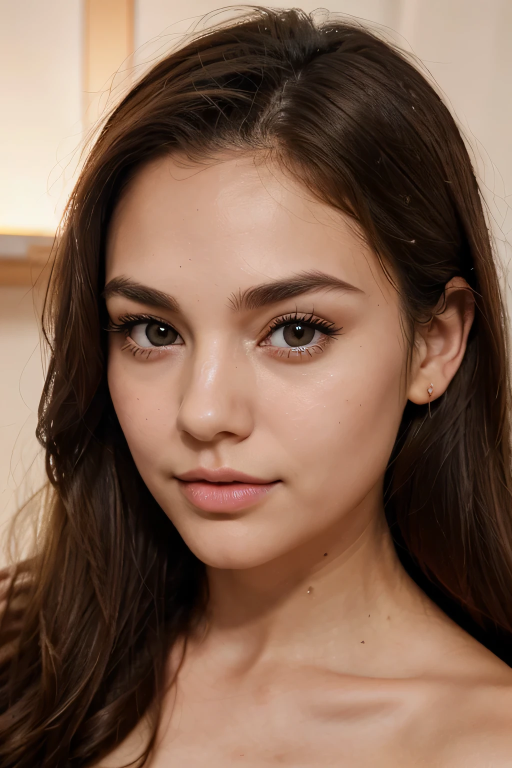 girl 25 years She has a heart-shaped face shape, which means her forehead is narrower than her chin, and she has a small dimple in the center of her forehead.
She has light brown almond-shaped eyes, with long black eyelashes and thick, arched eyebrows.
She has a slightly upturned nose, with thin nostrils and a rounded tip.
She has full, pink lips, with the upper lip thinner than the lower one.
She has light brown hair, long and wavy, which frames her face and falls to her shoulders.
She has clear, smooth skin, with few imperfections and an even color
realistic high definition details