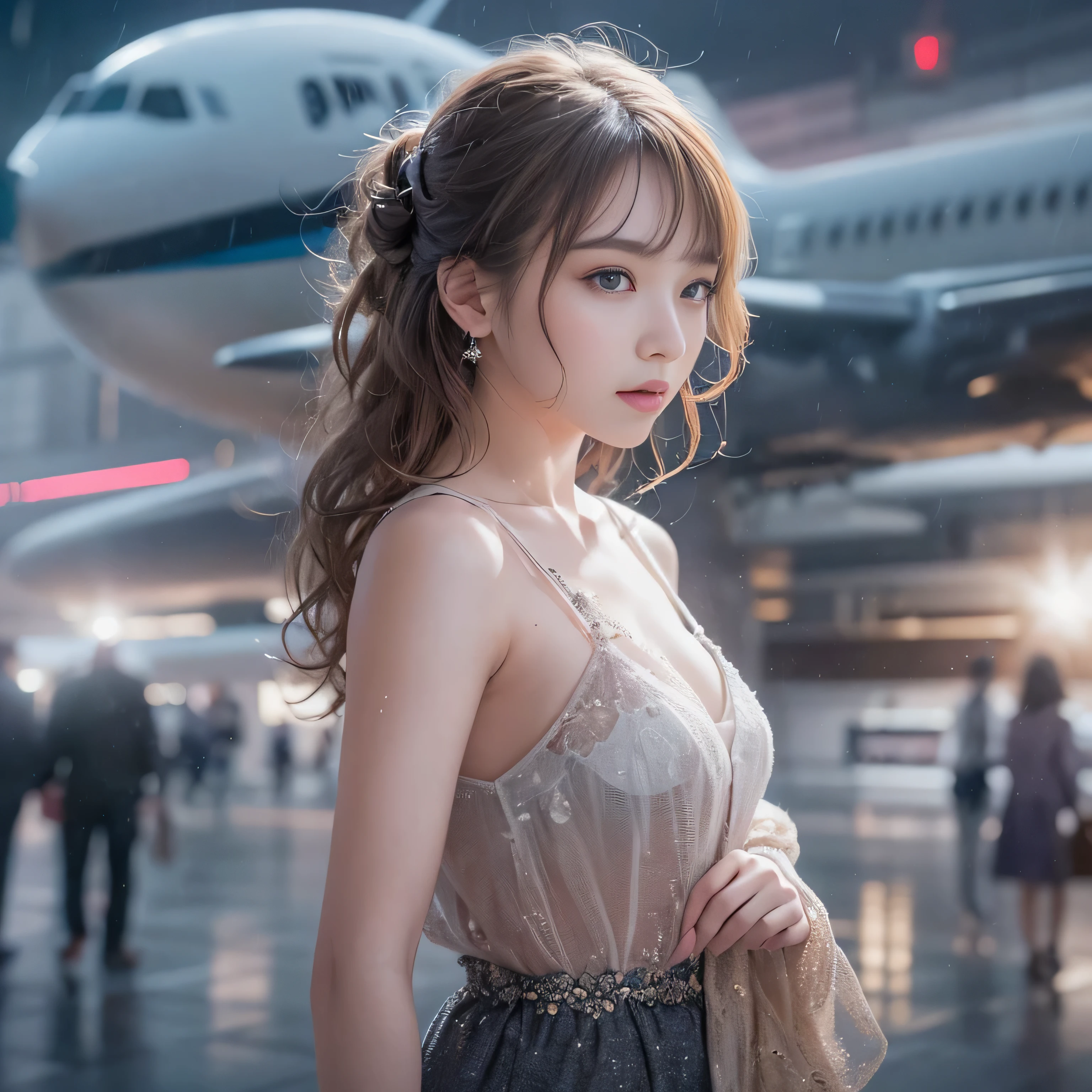 highest quality、High resolution、Super detailed、masterpiece、(Live shooting:1.5)、genuine:1.5、photogenuineistic:1.5、very delicate and beautiful、small details、1 female、(european:1.8)、Early 20s、(super beautiful)、(super beautiful顔)、wearing makeup、(Standing in the airport departure lobby at night)、(The background is a night view of an airplane seen from the window and falling snow..)、(upper body shot)