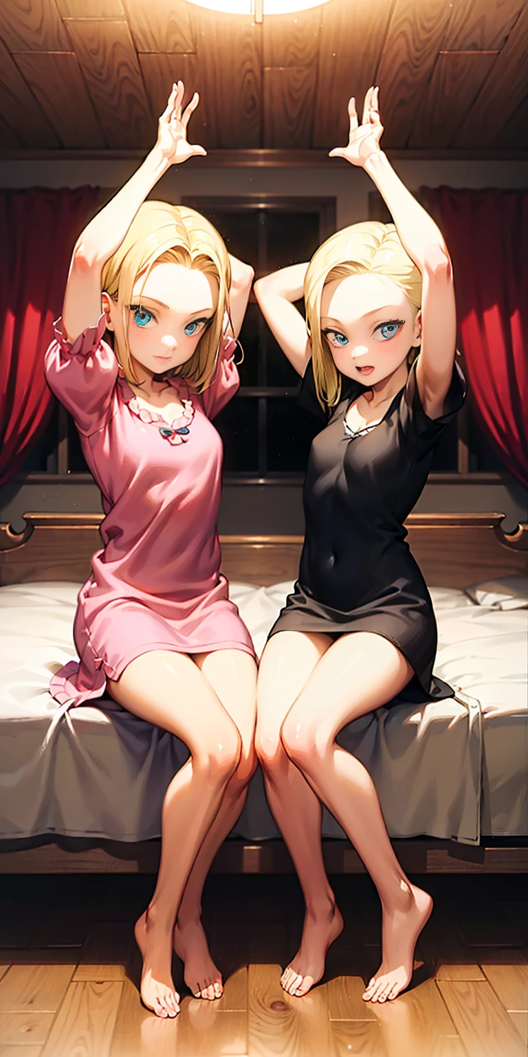 2girls (twins), sitting on red bed , arms raised in the air , front view, cute, android 18, blonde hair, shor hair, wearing pink nightgown
