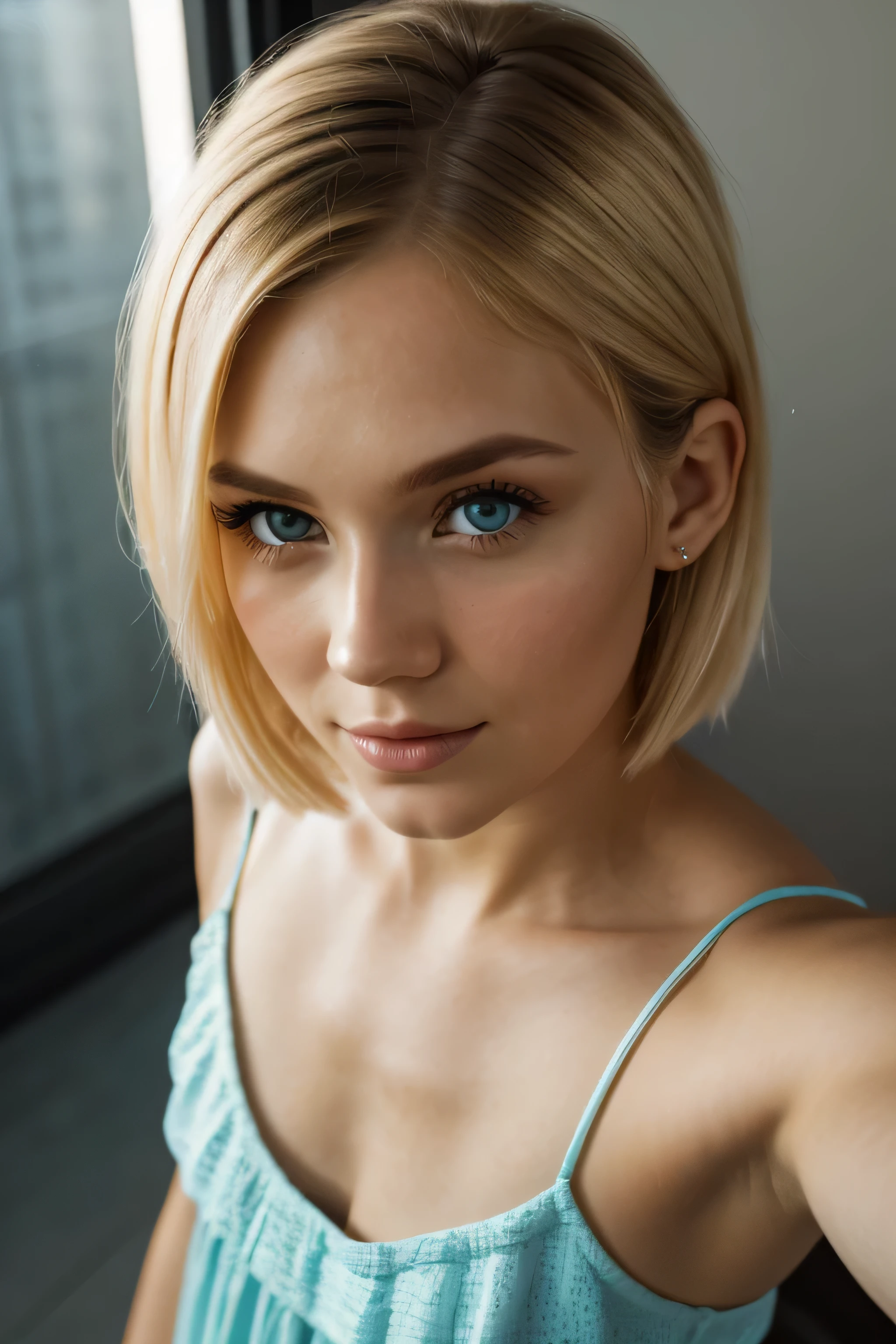 (selfie shot, from above: 1.4), (half-body portrait: 1.4), 1girl, (avrora:1.8), young, blond hair, short hair, (straight hair1.6), (detailed face), highly detailed glossy eyes, Detailed pores skin, A dramatic eye makeup look, with bold winged eyeliner and shimmering shadows, standing in her room RAW uhd portrait photo, natural breast_b, room background , (yellow sundress), (crack), detailed (texture!, hair!, shine, color!!, flaws: 1.1), (looking at camera), specular light, dslr, extreme quality, sharp focus, sharp, dof, Film grain, (centered), Fujifilm XT3, crystal clear, center of frame, cute face, sharp focus, bokeh, (dark light), low key, night, (night sky ) detailed skin pores, complex eye details