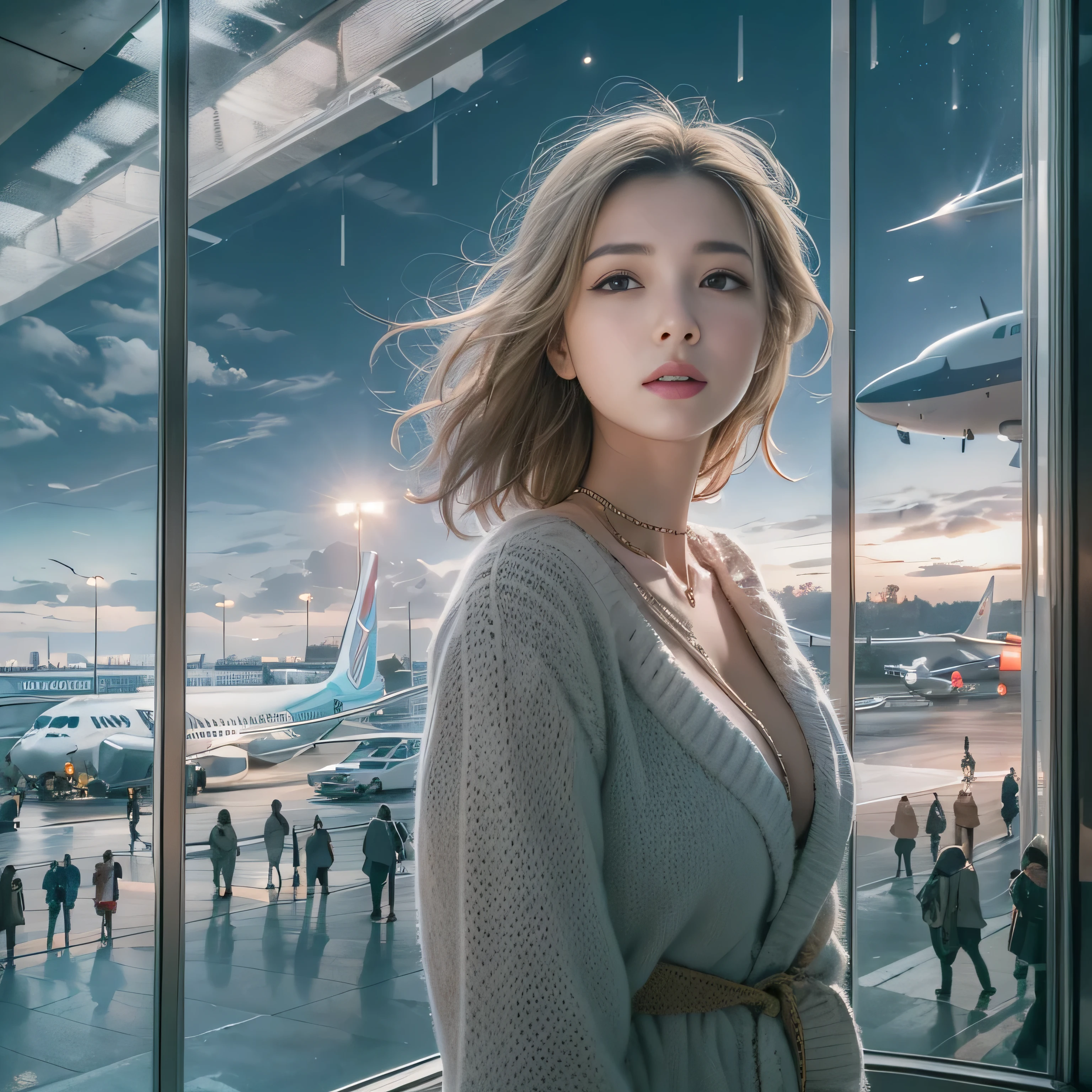 highest quality、High resolution、Super detailed、masterpiece、(Live shooting:1.5)、genuine:1.5、photogenuineistic:1.5、very delicate and beautiful、small details、1 female、(european:1.8)、Early 20s、(super beautiful)、(super beautiful顔)、wearing makeup、(Standing in the airport departure lobby at night)、(The background is a night view of an airplane seen from the window and falling snow..)、(upper body shot)