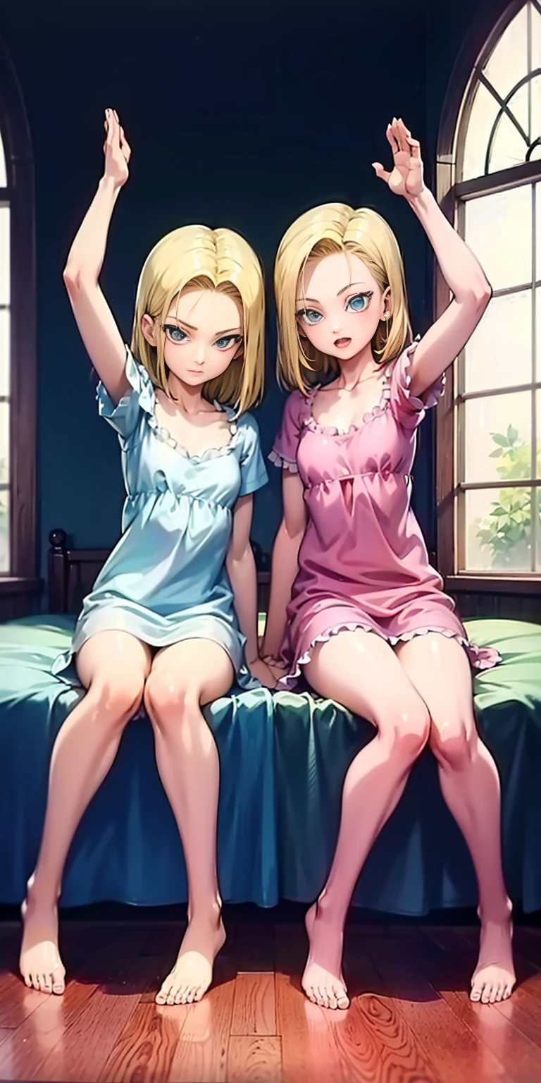 2girls (twins), sitting on red bed , arms raised in the air , front view, cute, android 18, blonde hair, shor hair, wearing pink nightgown