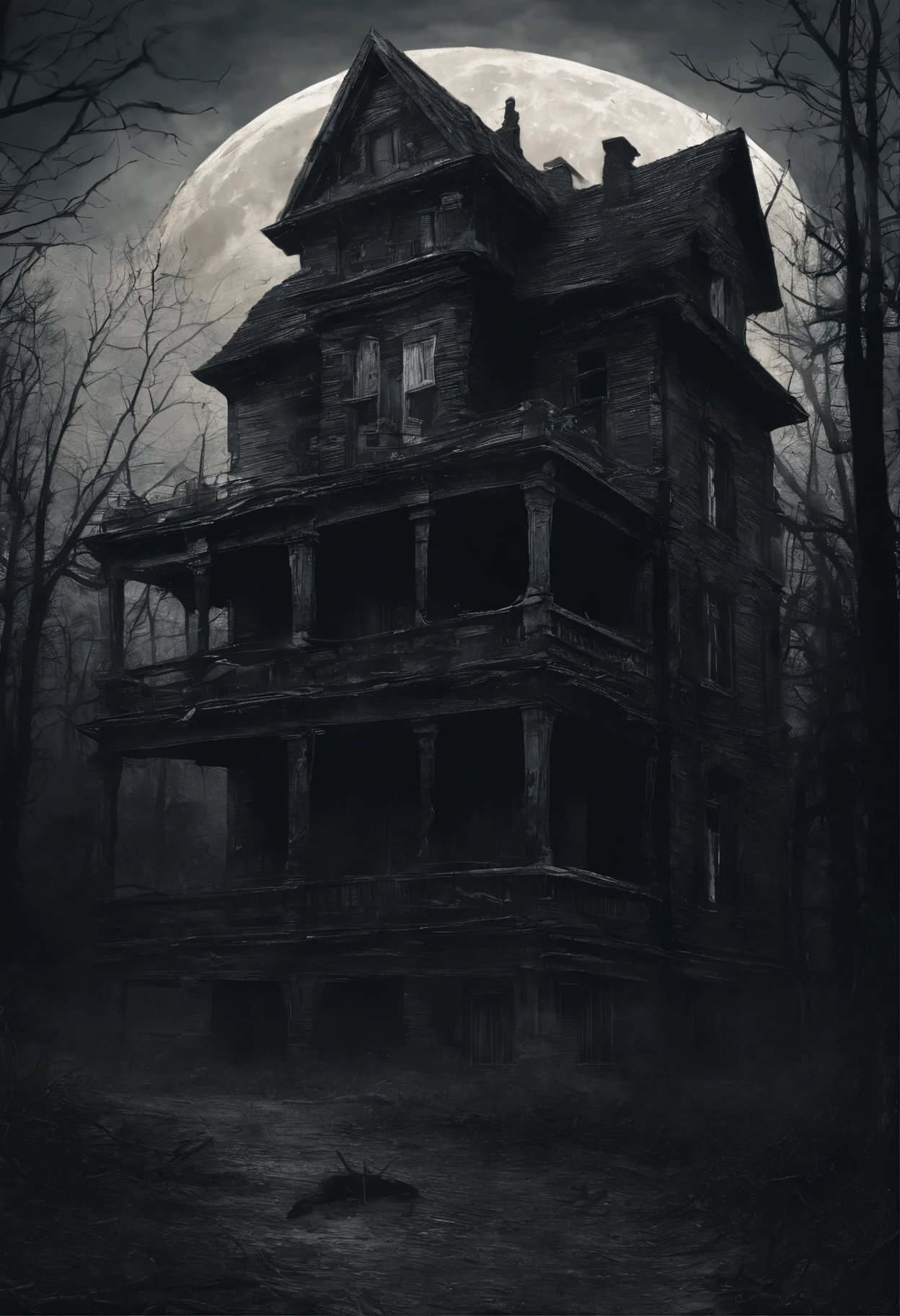 old dilapidated three-story wooden house in the distance with a balcony and terrace, the road to the house is covered with the roots of old dried trees, night, big moon, bats, tense atmosphere, (Best Quality, 16K, Masterpiece, Ultra HD:1.3, Huge detail, hyper realistic, epic scale, insane level of details)