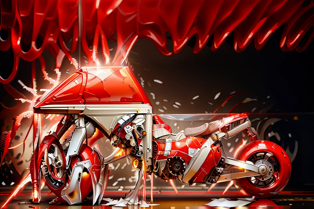 Ultra high resolution, extremely detailed raw photograph, close-up, (half transformation), human motorcycle shiny smooth liquid metal motorcycle hybridization metamorphosis, in garage, (half human), ((((red white)))), ((liquid polyvinyl goo partial encasement)), human motorcycle hybrid
