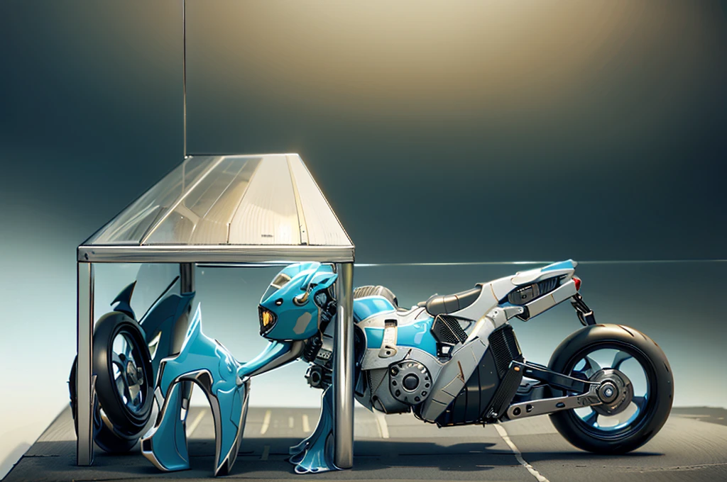 Ultra high resolution, extremely detailed raw photograph, close-up, (half transformation), human blue gold motorcycle shiny smooth liquid metal motorcycle hybridization metamorphosis, in garage, (half human), ((liquid polyvinyl goo partial encasement)), human motorcycle hybrid
