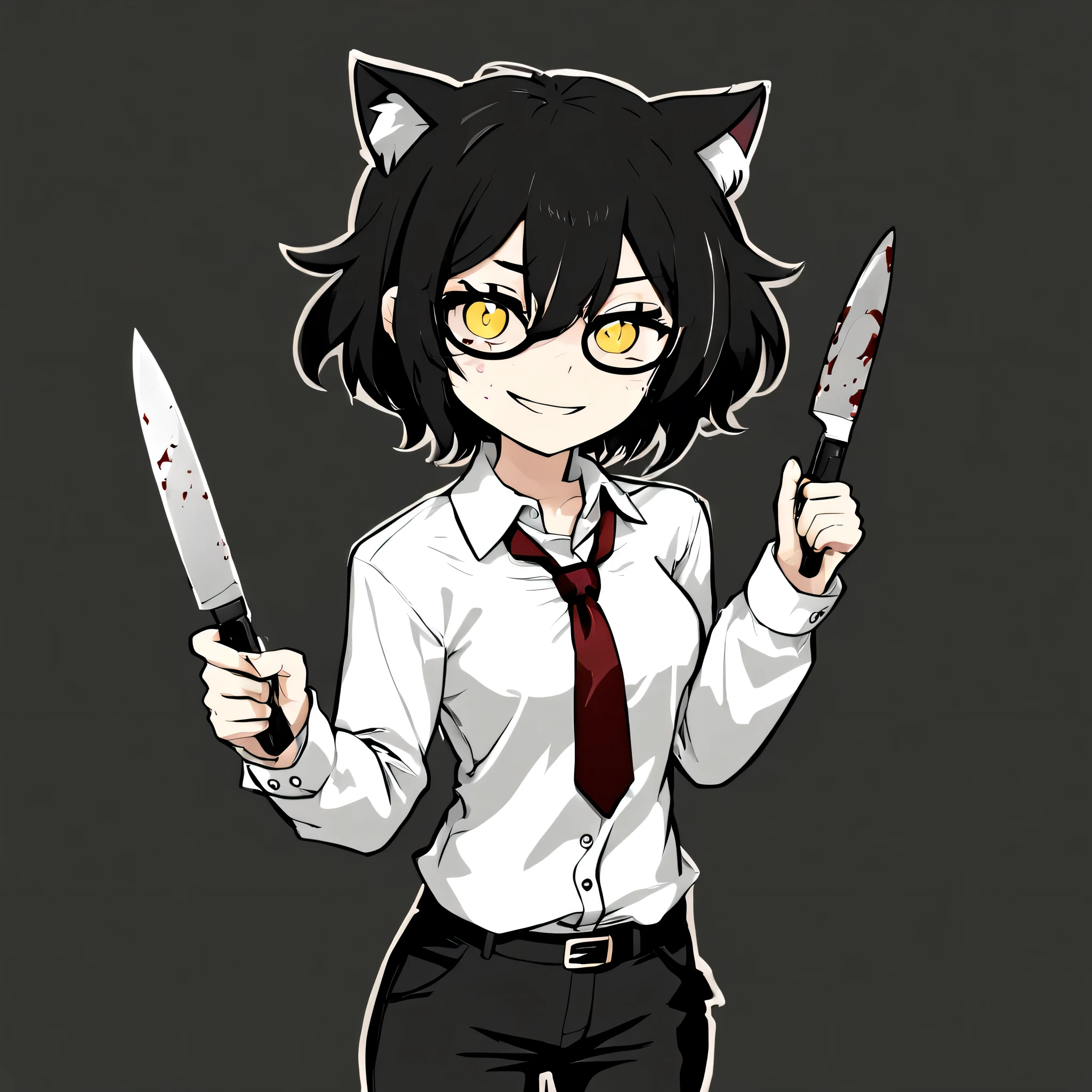 masterpiece, best quality, hires, high resolution, TCOAAL, white outline, bold outline, dark background, yellow eyes, black hair, 1girl, solo, monochrome:0.1, (white uniform:0.5), brown paper, smile,  short black bob hair, yellow eyes, Round glasses, petite body, wearing plain white formal work shirt, wearing long black pants, business tie,cat ears with white fur inside them,androgynous, bored face, psychotic face, blood on face, crazy, crazy eyes, holding a knife, bloody mess, 