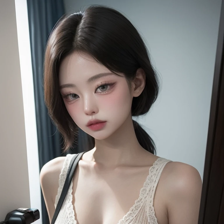 un primer plano de una persona tomando una foto de una persona en un espejo, muchacha coreana, 2 4  old female model, tendencia en cgstation, hermosa joven coreana, ulzzang, sexy look at the camera, desde 8k mate, preciosa modelo china, vistiendo top corto, vistiendo un top corto sexy, pose atractiva, 1 8 son peli roja 