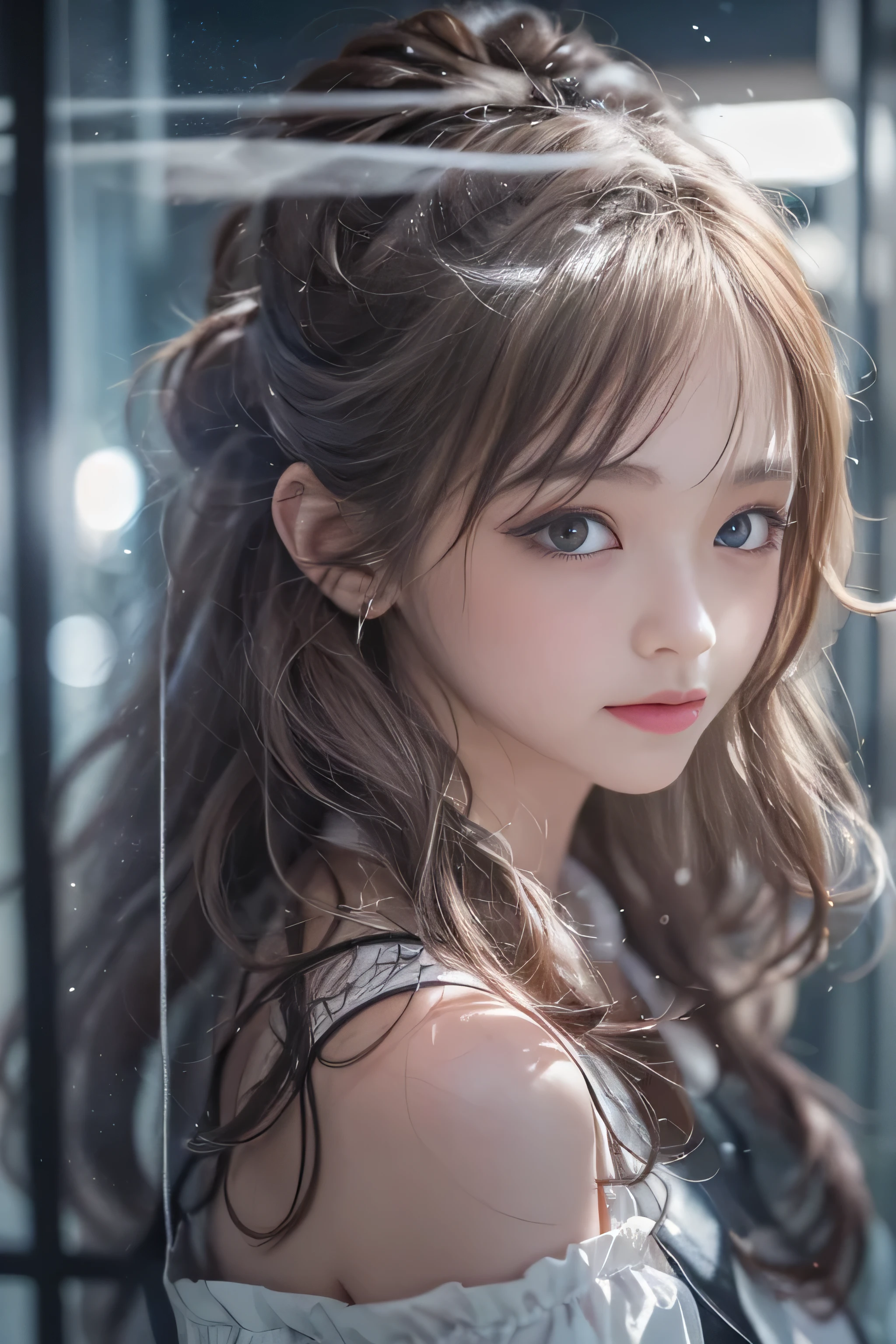 highest quality、High resolution、Super detailed、masterpiece、(Live shooting:1.5)、genuine:1.5、photogenuineistic:1.5、very delicate and beautiful、small details、1 female、(european:1.8)、Early 20s、(super beautiful)、(super beautiful顔)、wearing makeup、(Standing in the airport departure lobby at night)、(The background is a night view of an airplane seen from the window and falling snow..)、(upper body shot)