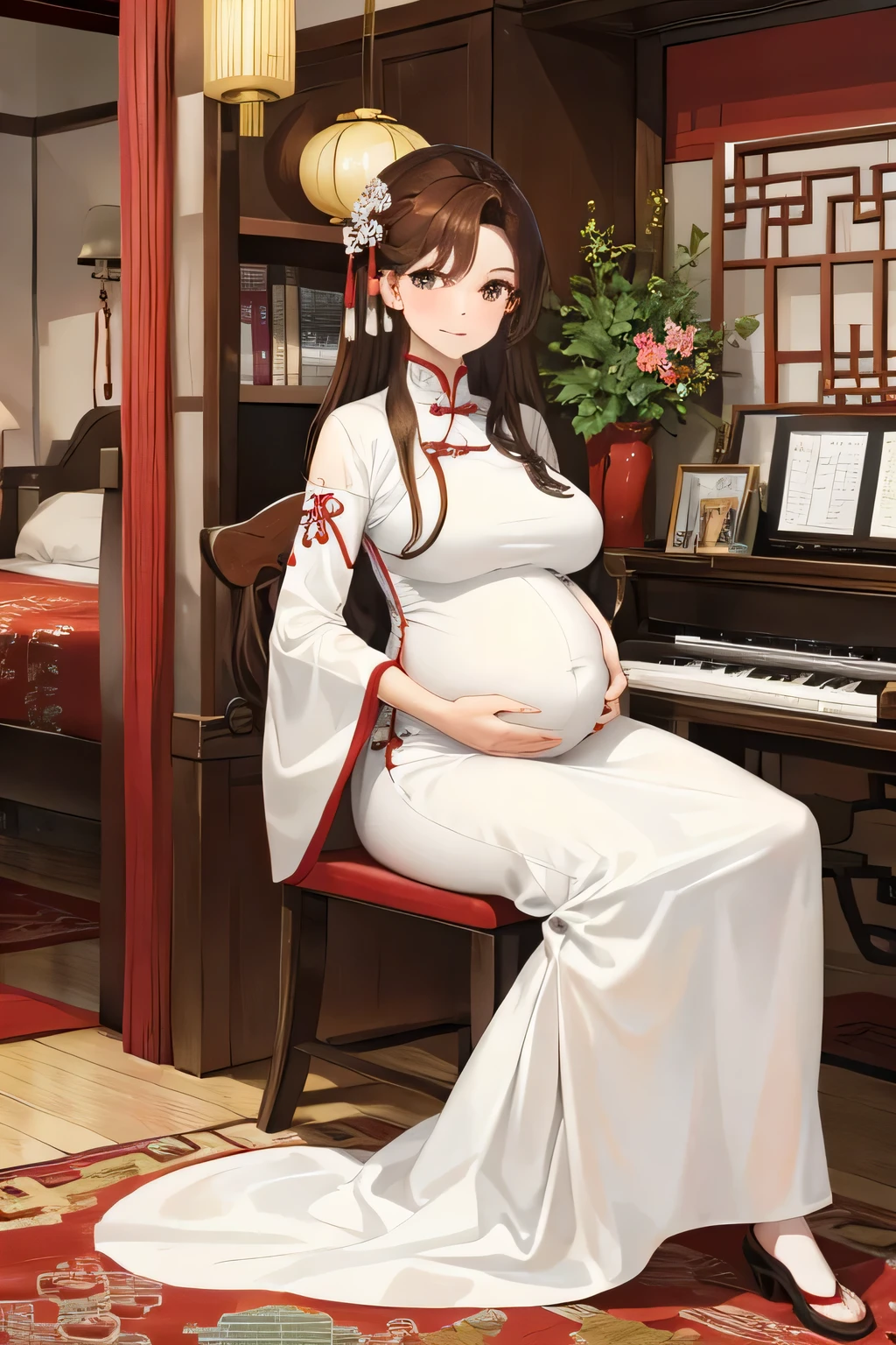 In a classically decorated room, A cartoon girl named Shizuka sits on a luxurious red leather sofa. She has long black hair，Comb into low double braids, Give her a cute and innocent look. Shizuka is dressed simply, But stylish, pinkdress，Fit close to your pregnant belly. Hands gently rested on her rounded abdomen, She gazed at it with a happy expression, Her cheeks were flushed with joy.

The room exudes sophistication, Tastefully furnished and rich, Decorated in white tones suitable for wealthy families. Focus on Shizuka, Capture her whole body in a single shot. The background is intricate, Show gorgeous surroundings. On the left side of the room, A grand piano stands, Add a luxurious atmosphere.

Shizuka in a specialized salon for pregnant women, Over here，She can relax and indulge in pampering care. This scene captures the tranquil beauty of motherhood, Celebrate the brilliance and happiness that pregnancy brings.