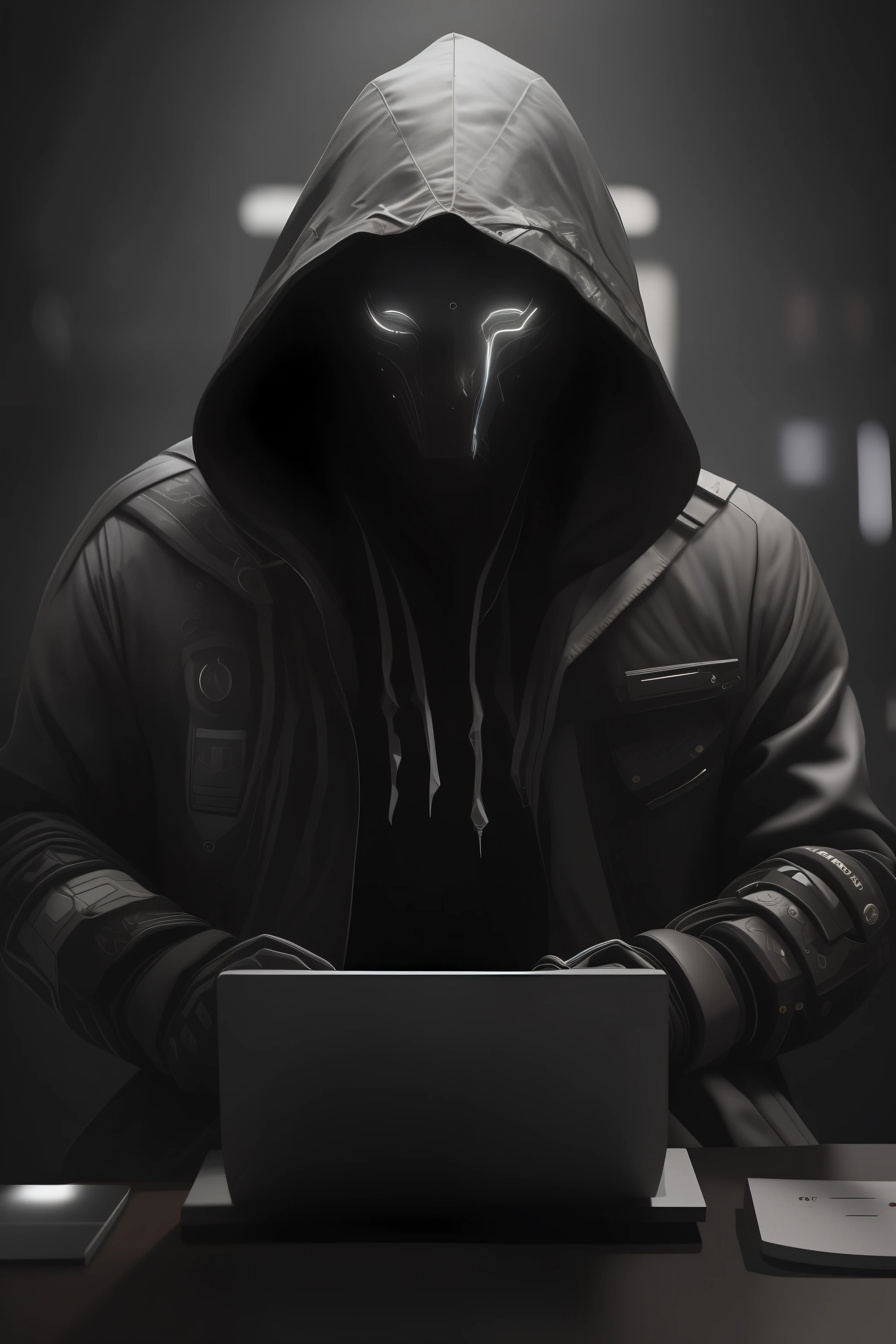 Held mit grauer Kapuze mit dunklem Gesicht und grauen Augen Donner Entwerfen Sie einen Charakter, which is a little scary hacker, knallhart👑, schwarzer und grauer Neonhintergrund, epische Beleuchtung, Fotografie-Beleuchtung, Reflexionskartierung, Ultradetailliert, fotorealistisch, filmisch, Movie-quality rendering, VFX-Postproduktion, RTX-Raytracing-Beleuchtung, Grumpy atmosphere, Schatten