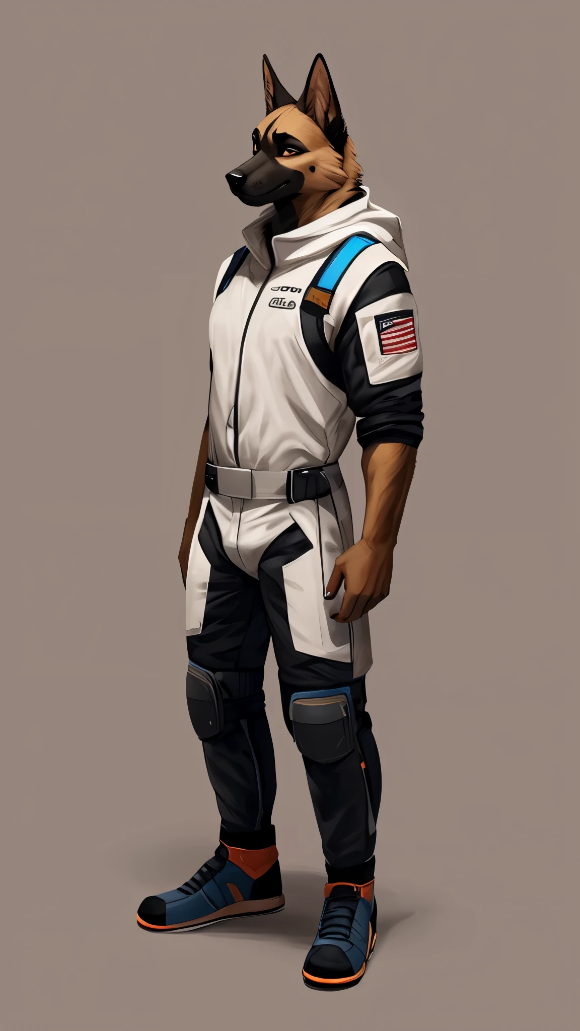 By bebebebebe, by lostgoose, by goonie-san, solo, ((snout, ears)), canine, (german shepherd), male, smirking, (slim, muscular, detailed eyes), spacesuit