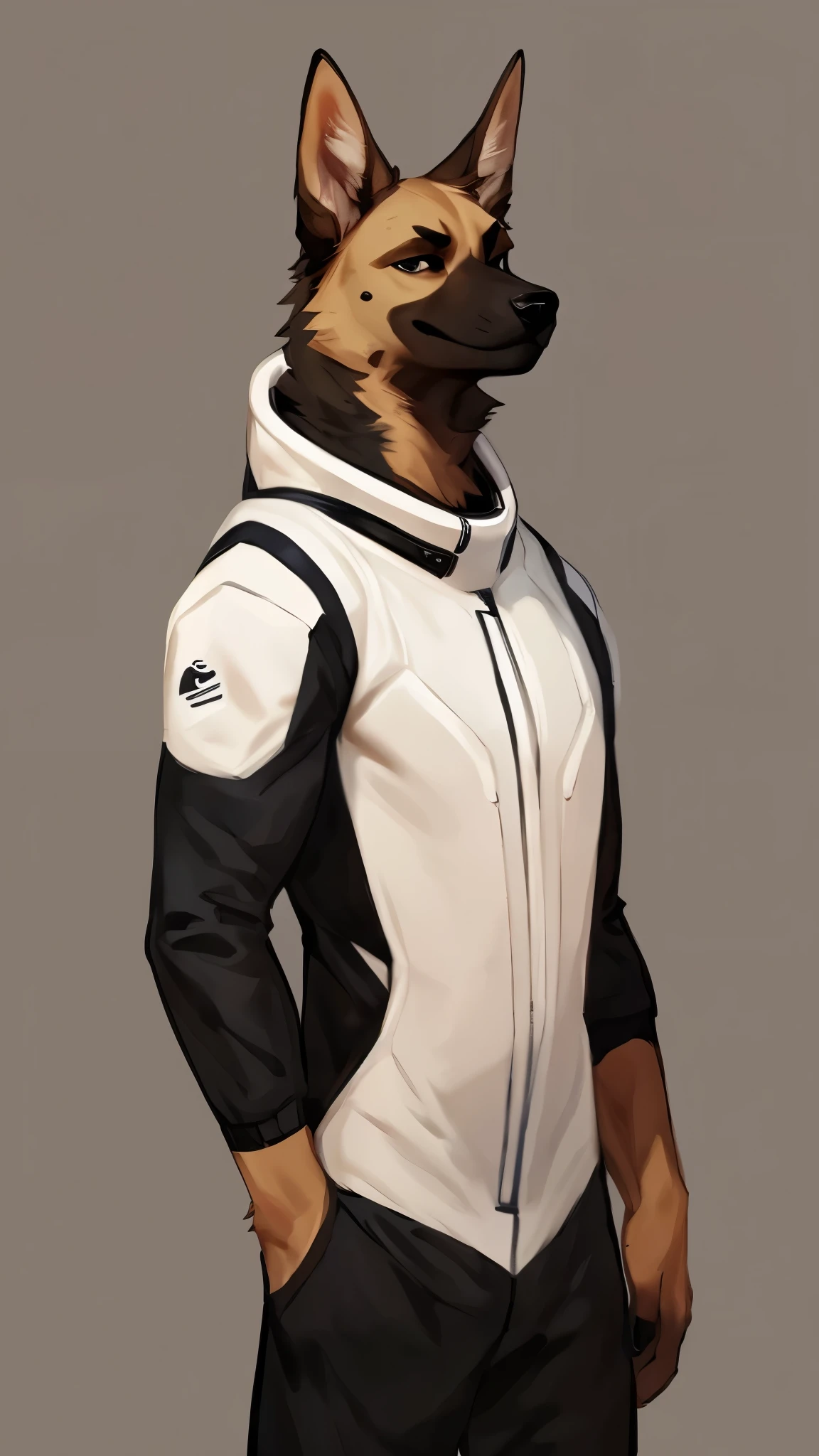By bebebebebe, by lostgoose, by goonie-san, solo, ((snout, ears)), canine, (german shepherd), male, smirking, (slim, muscular, detailed eyes), spacesuit