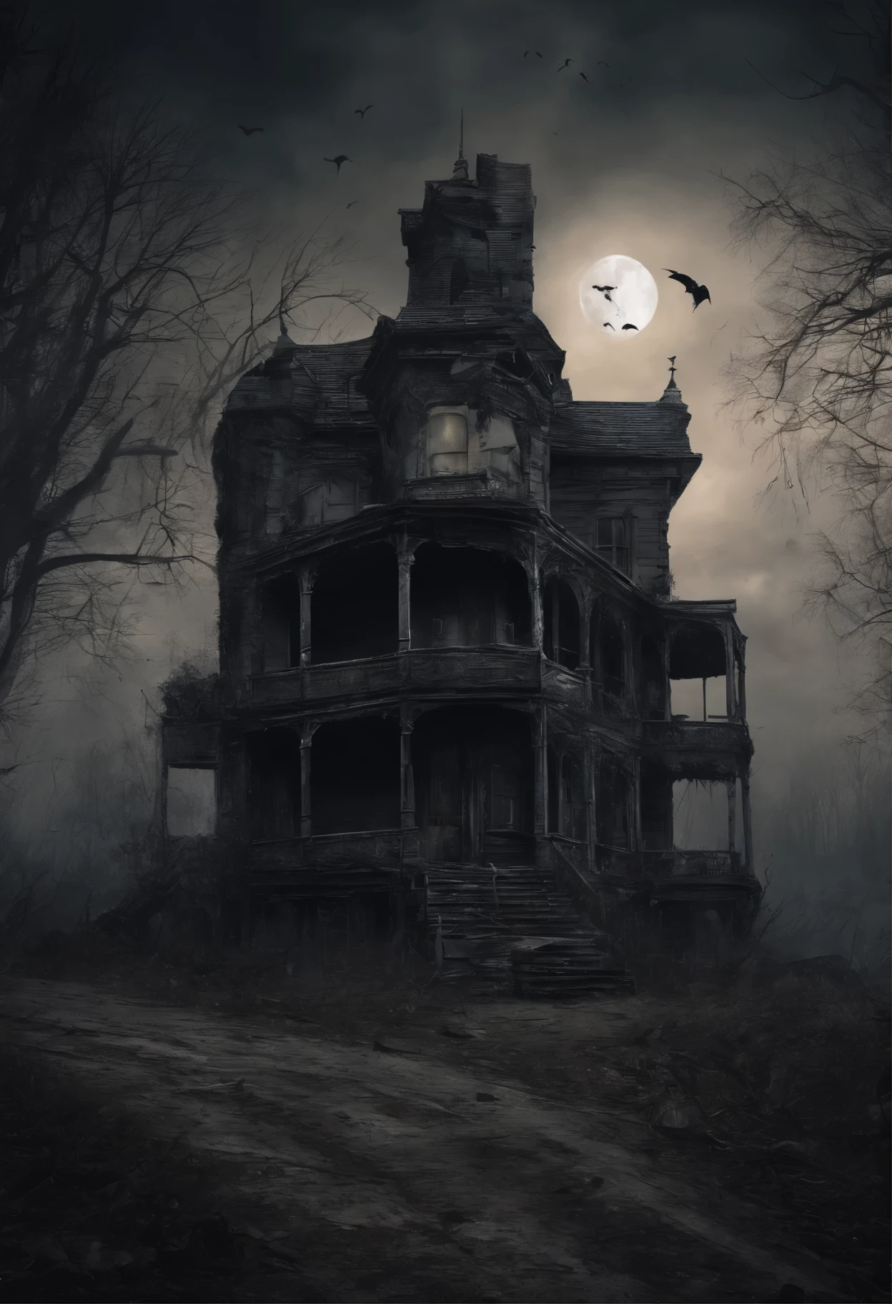 old dilapidated three-story wooden house in the distance with a balcony and terrace, the road to the house is covered with the roots of old dried trees, night, big moon, bats, tense atmosphere, (Best Quality, 16K, Masterpiece, Ultra HD:1.3, Huge detail, hyper realistic, epic scale, insane level of details)