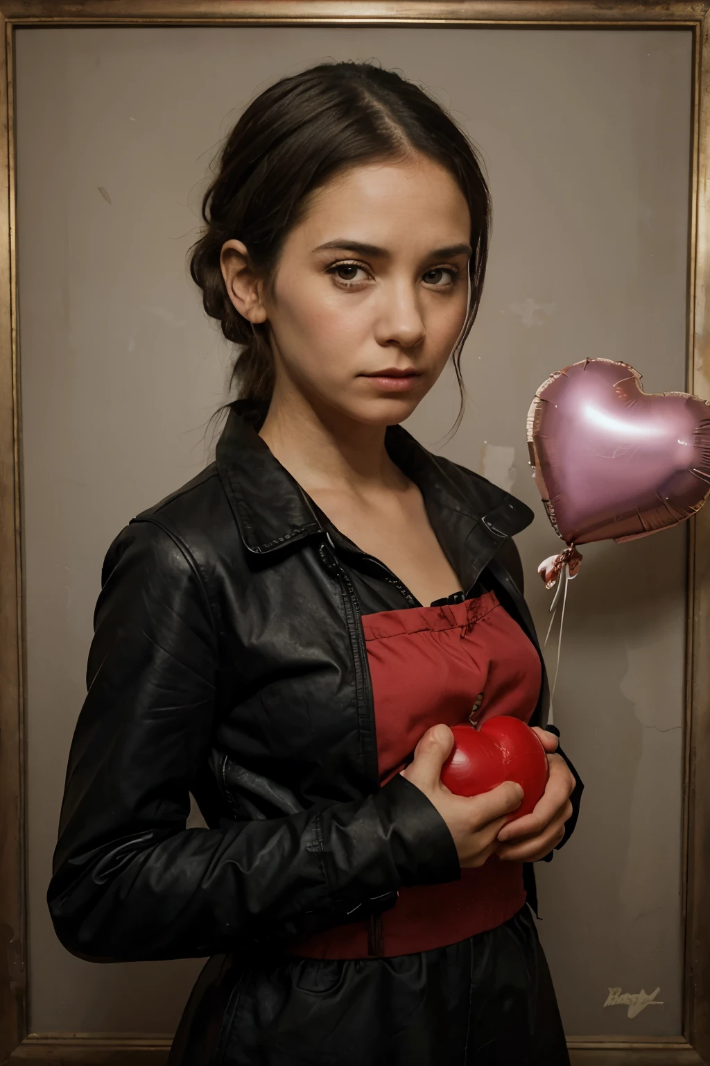 banksy art, girl holding a heart ballon, dramatic, portrait, realistic, sad looking face