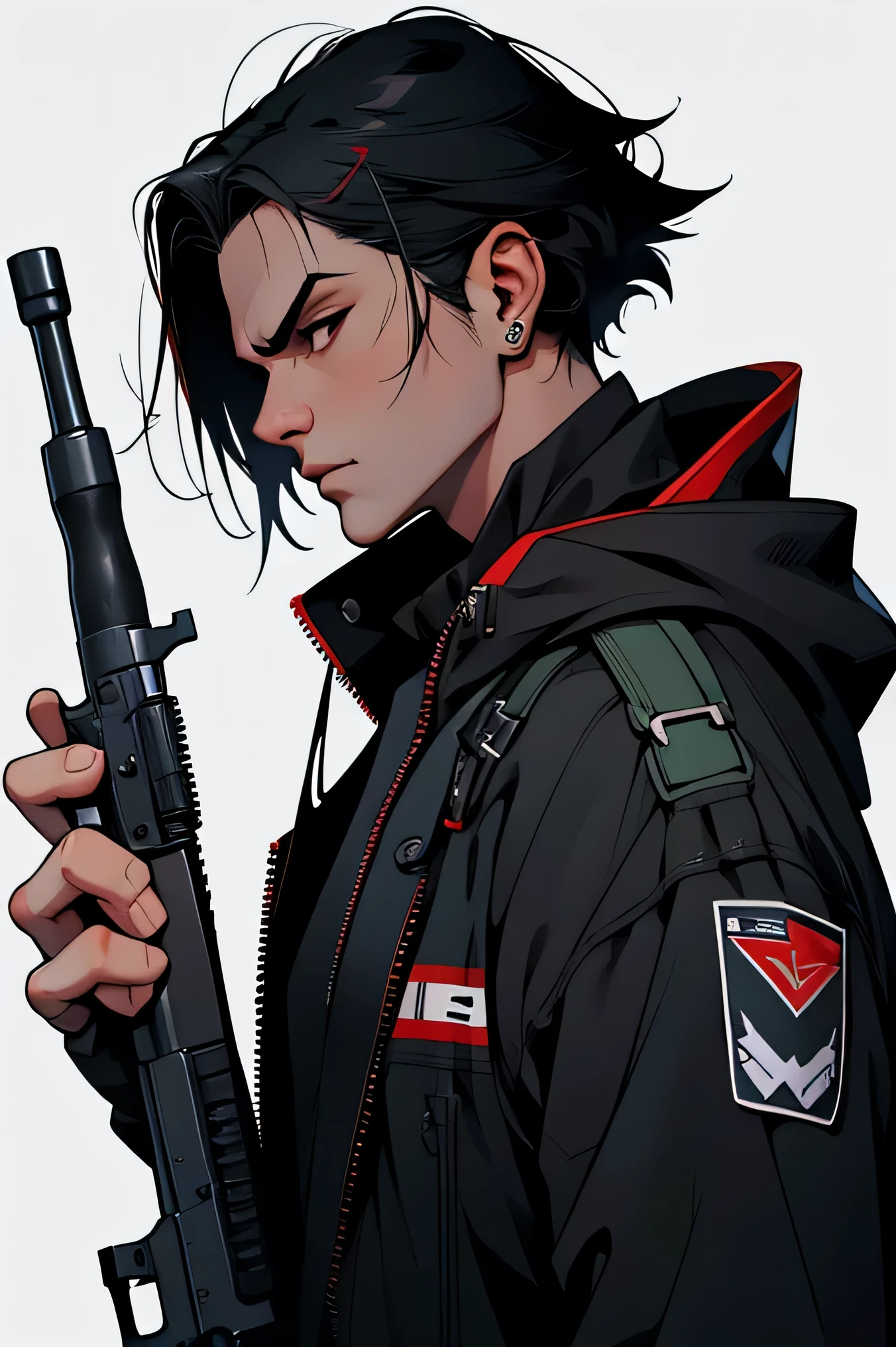 male cyberpunk militar character design, holding a rifle, gun, weapon, black robe, moody face, frown, edgy, dynamic pose, powerful pose, assassin, motion blur, character illustration, dnd, red white and black clothes, daggers, dangerous, Arte de Stjepan Sejic, Arte por J Scott Campbell, Artista Guillem March, Arte de Citemer Liu, 4k, high resolusion,Detalles de alta calidad, estilo de ::2.0 comix illustration style,HiQuality, high resolusion, Mejora de detalles, 8k