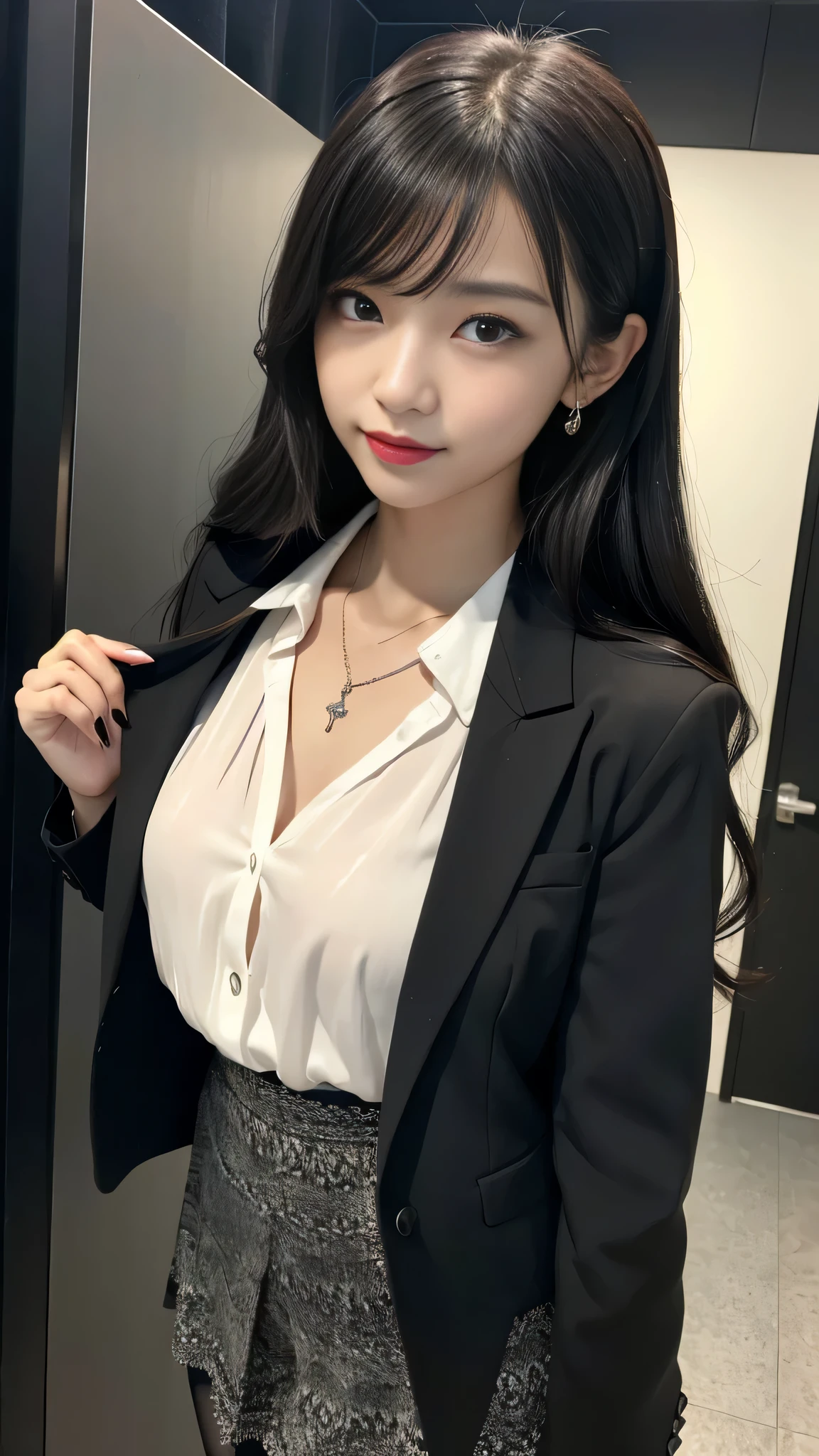 Super detailed、Japanese、charming beauty、Dainty woman、sharp eyes、cool girl、wavy hair、suit、Jacket、blouse、Tight Skirt、black pantyhose、evil female executive、evil depravity、brainwashing、Mind control、lacy fabric、Shiny legs、Have lipstick、lip gloss、grin、邪evilなな表情、evil、empty eyes、邪evilな、reach out your hand、in the darkroom、lure、meanwhile