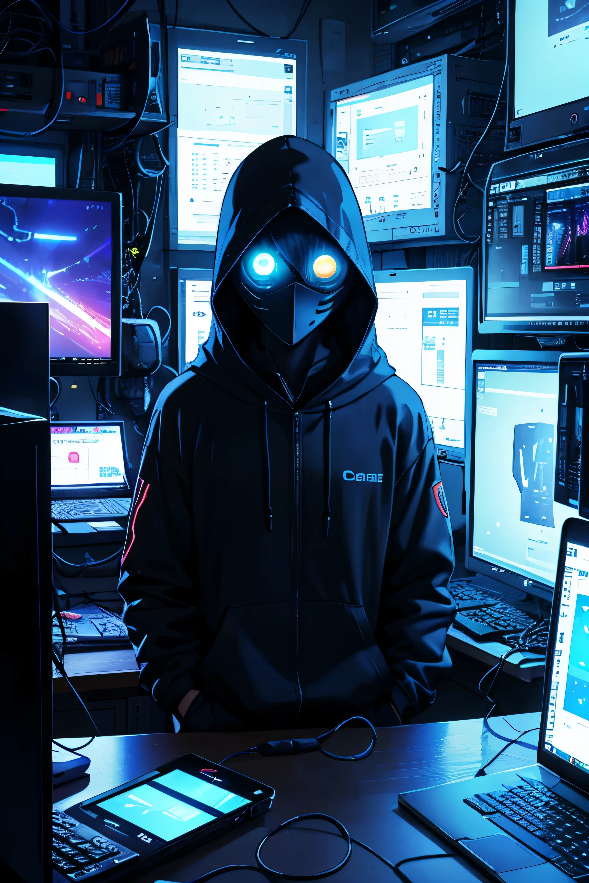 (Computer ),dunkel, Countless computer screens with power supplies, Seil herumgespannt, Computer mit kaputtem Bildschirm, A series of suspiciously glowing screens, Augen leuchten, Gesichtsloser Mann mit Kapuze,