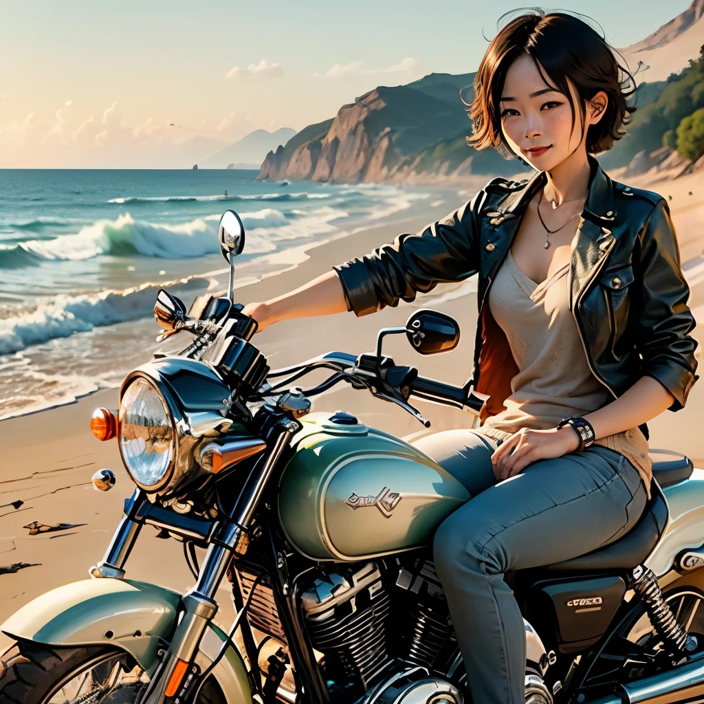 Beautiful Asian girl, about , black short bob hair, smiling, riding Harley, national road with ocean view, straight side angle, photo style, --auto --s2