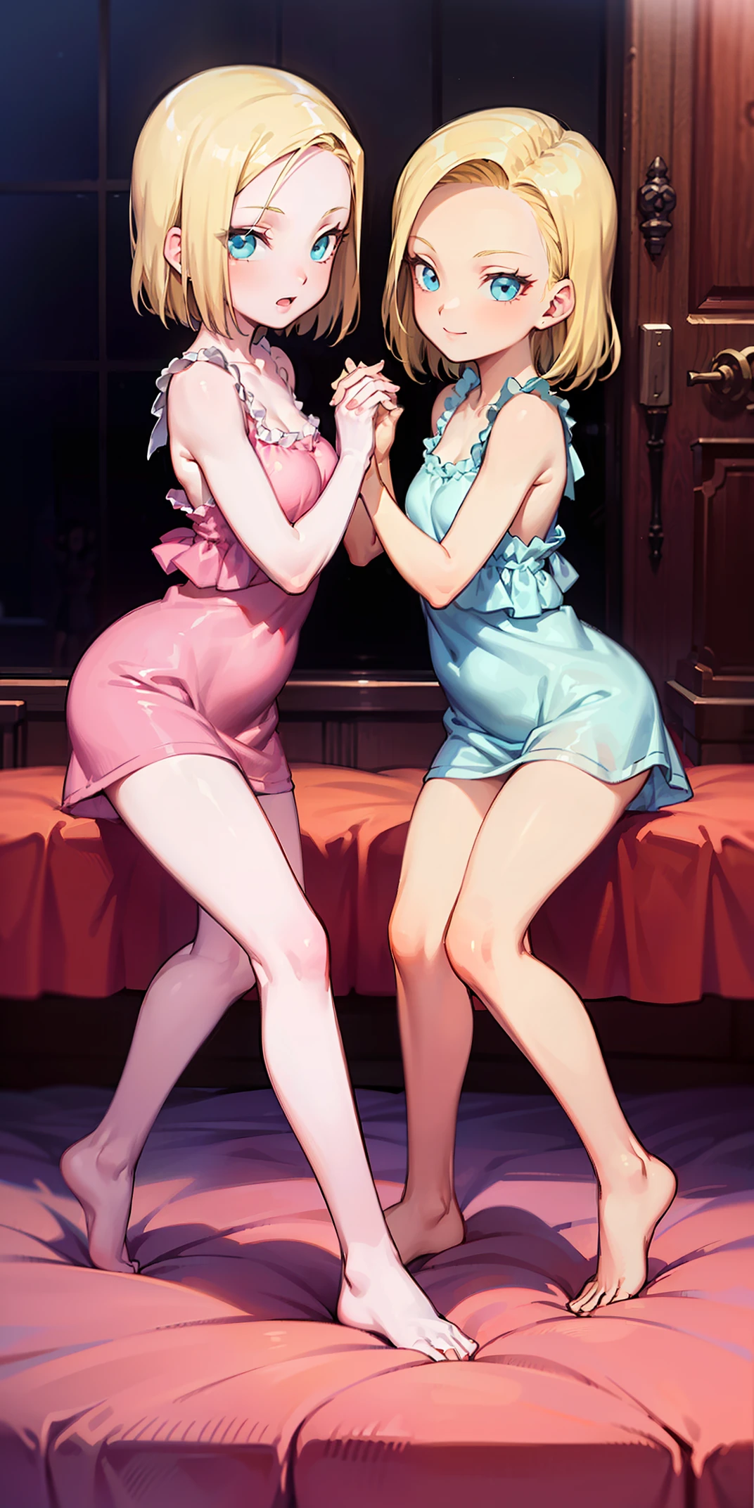 2girls (twins), sitting on red bed , arms raised in the air , front view, cute, android 18, blonde hair, shor hair, wearing pink nightgown
