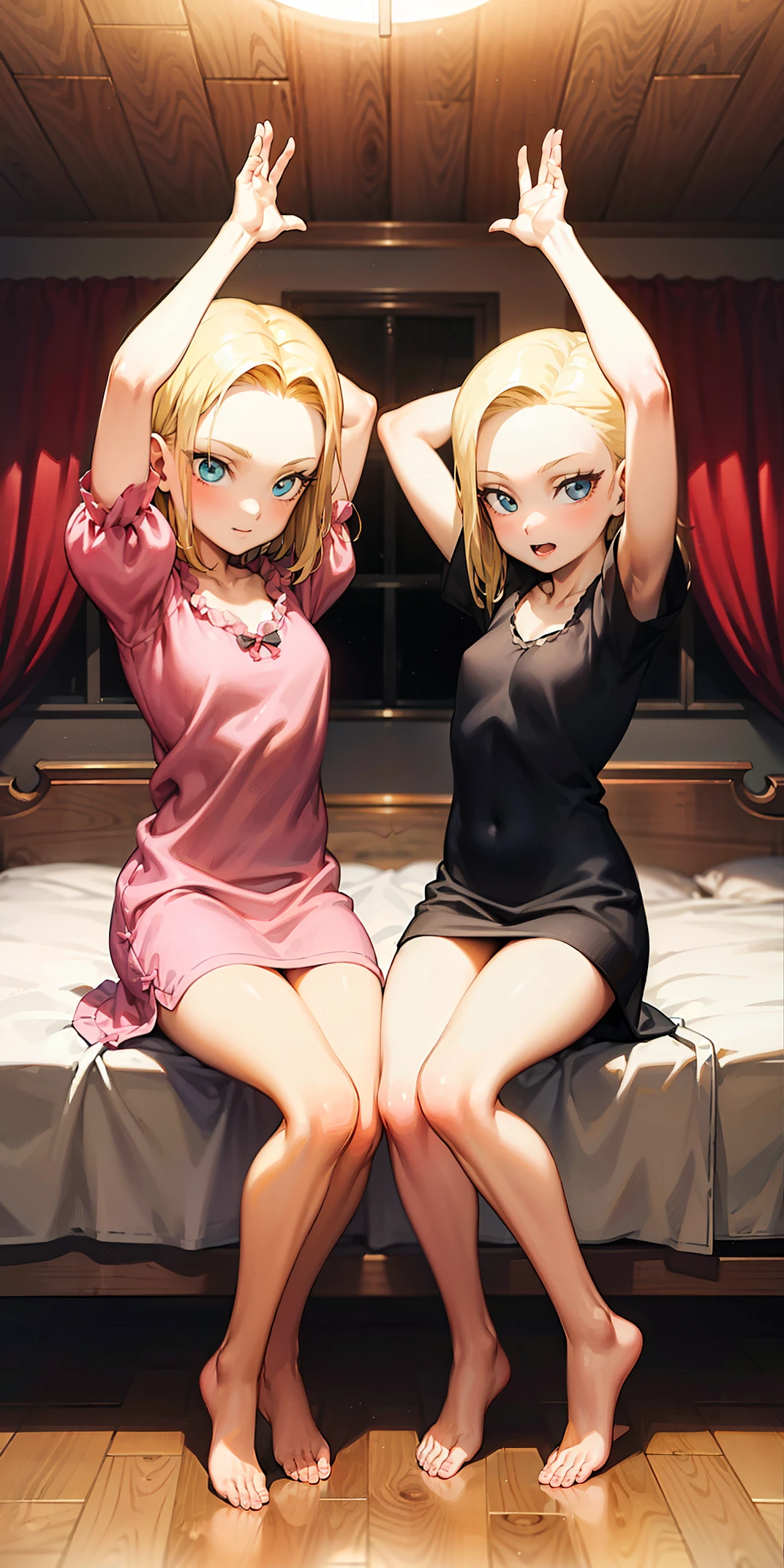 2girls (twins), sitting on red bed , arms raised in the air , front view, cute, android 18, blonde hair, shor hair, wearing pink nightgown
