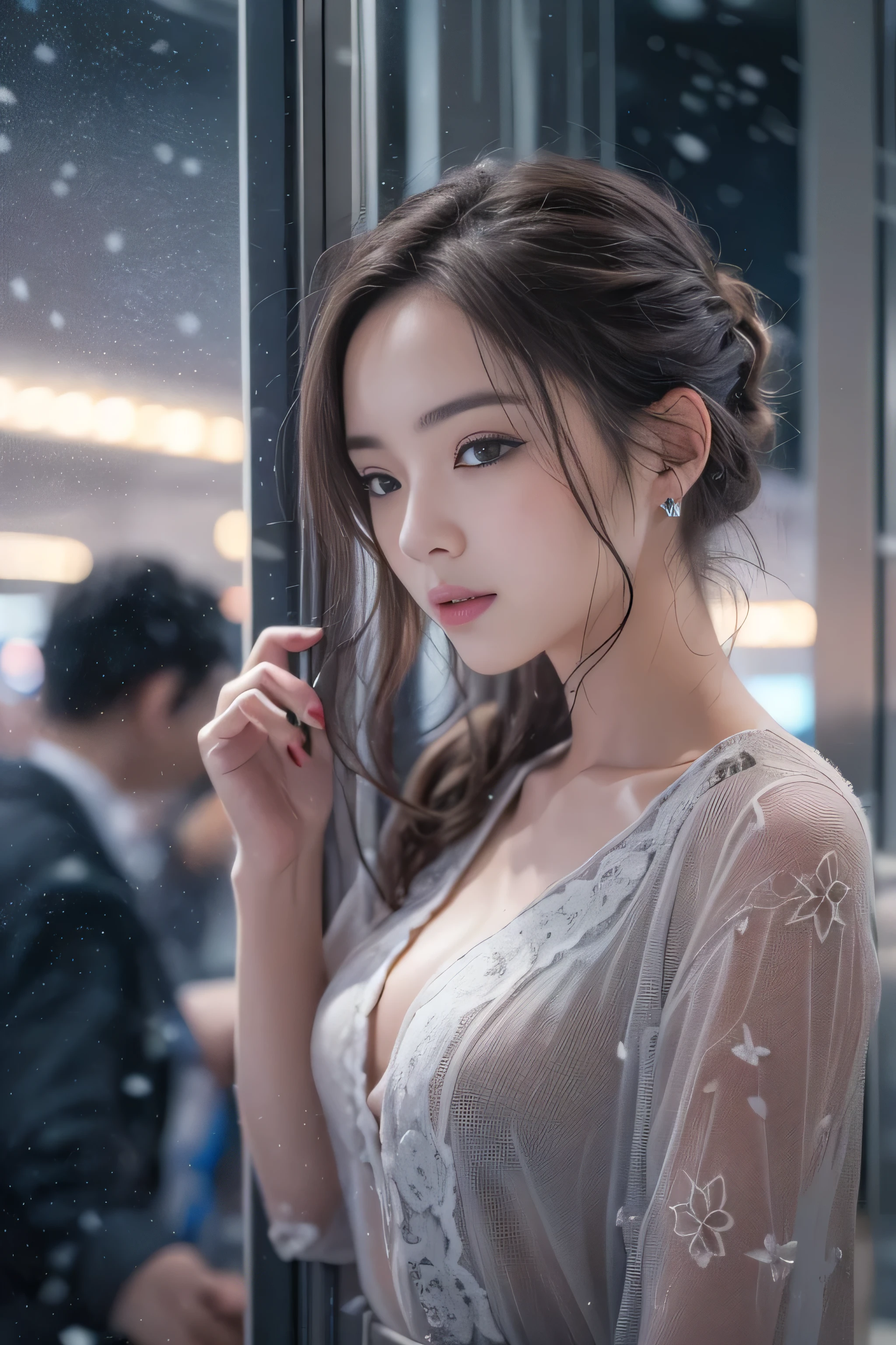 highest quality、High resolution、Super detailed、masterpiece、(Live shooting:1.5)、genuine:1.5、photogenuineistic:1.5、very delicate and beautiful、small details、1 female、Early 20s、(super beautiful)、(super beautiful顔)、wearing makeup、(Standing in the airport departure lobby at night)、(The background is a night view of an airplane seen from the window and falling snow..)、(upper body shot)