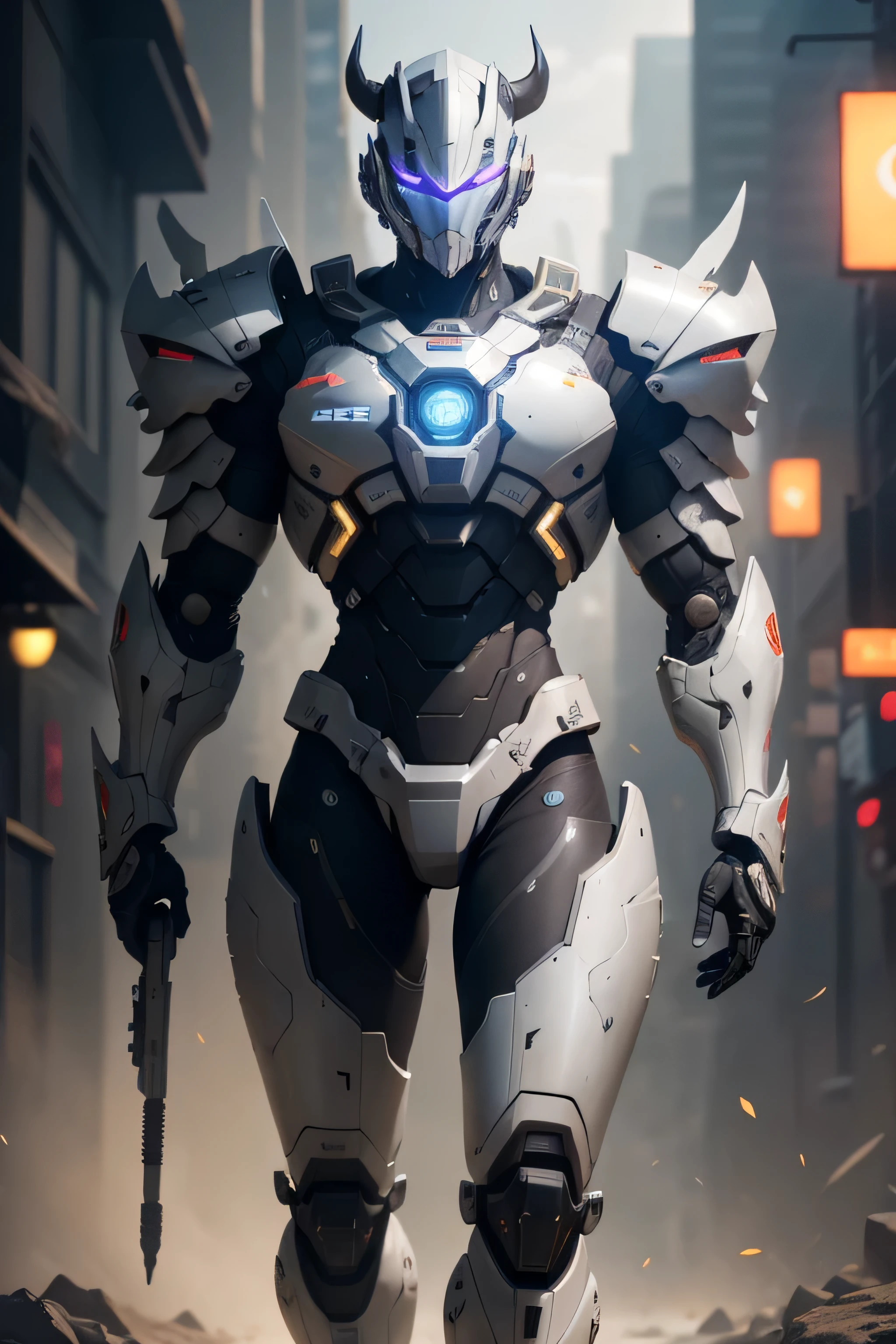 Create a digital masterpiece of a male robot with stunning bull-inspired armor. The armor should be predominantly gold with lilac details. Deve ter olhos brilhantes e possuir um corpo bem robusto, ethereal light. The background should show a panoramic view of the Earth, in a clear sky. Lighting should use two-tone lighting techniques, com destaque para uma grande abertura, ISO baixo, and proper white balance. The composition must follow the rule of thirds. Pose and armor must show perfect proportions. The image must be rendered in 8K RAW using advanced technologies such as HDR, Rastreamento de raio, NVIDIA RTX, Super resolution, irreal 5, underground dispersal, PBR texturing, post-processing, Anisotropic filtering, profundidade de campo, Maximum contrast and clarity, Texturas multicamadas, Maps albedo and specular detection, Surface shading, Accurate simulation of light-material interaction, and efficient subpixel convolution. The final artwork must encapsulate the essence of the cyberpunk aesthetic, maintaining the beauty and elegance of the bull-inspired design. Male close-up including full body mechanical armor，fundo preto, Mecha Cyber Armor, mecha inspiration, BlueShift rendering, intrincada armadura mecha brilhante, Mech macho, Armadura Espacial, high definition cg society, cyberpunk anime mecha masculino, detailed cosmic angelic robot, cyber mech, Arte digital altamente detalhada em 4k, Terno Mecha，obra-prima，hiper HD，Cg rendering