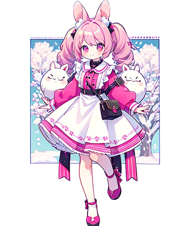 1 girl in, Pink hair, long twintails, Pink shirt, puffy collar, White fluffy skirt, White ribbon on hair, Lots of hair accessories, ta, full body lesbian, Rabbit ears, a smile