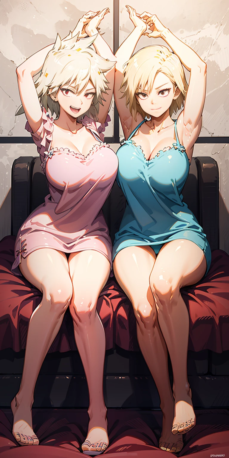 2girls (twins), sitting on red bed , arms raised in the air , front view, cute, android 18, blonde hair, shor hair, wearing pink nightgown