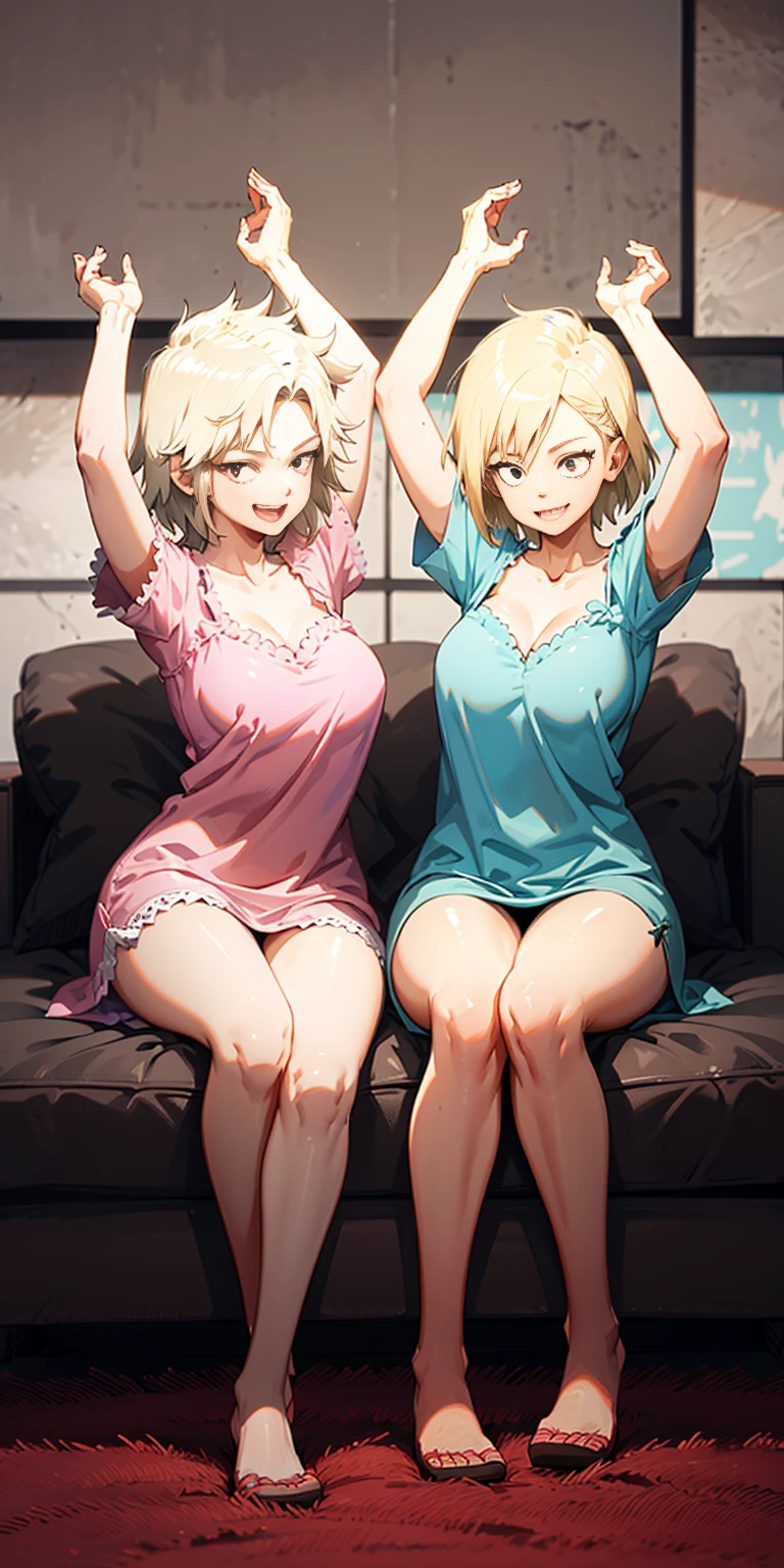 2girls (twins), sitting on red bed , arms raised in the air , front view, cute, android 18, blonde hair, shor hair, wearing pink nightgown
